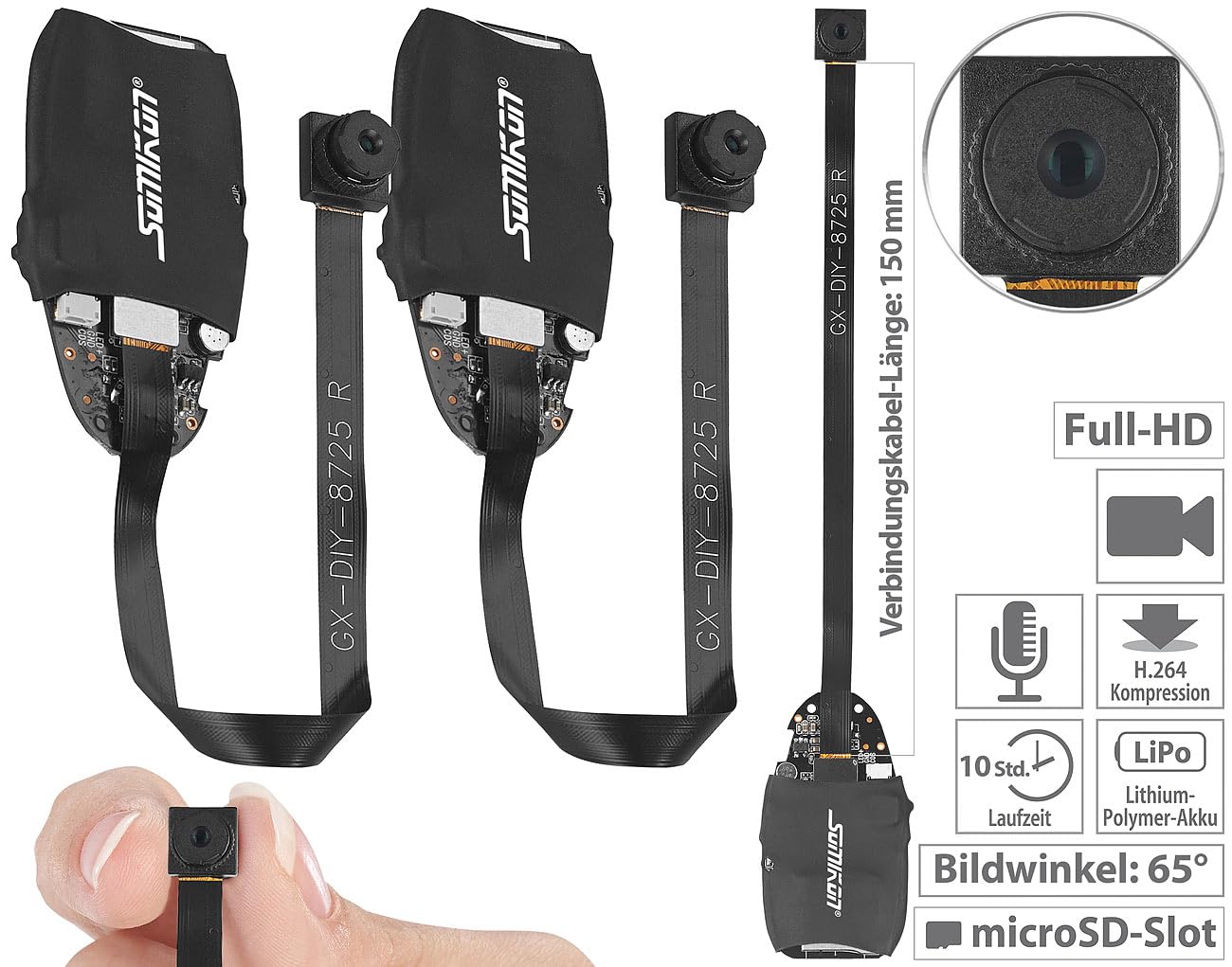 Somikon Versteckte Kamera 2er-Set Full-HD-Micro-Einbau-Kameras mit Akku 65°-Bildwinkel