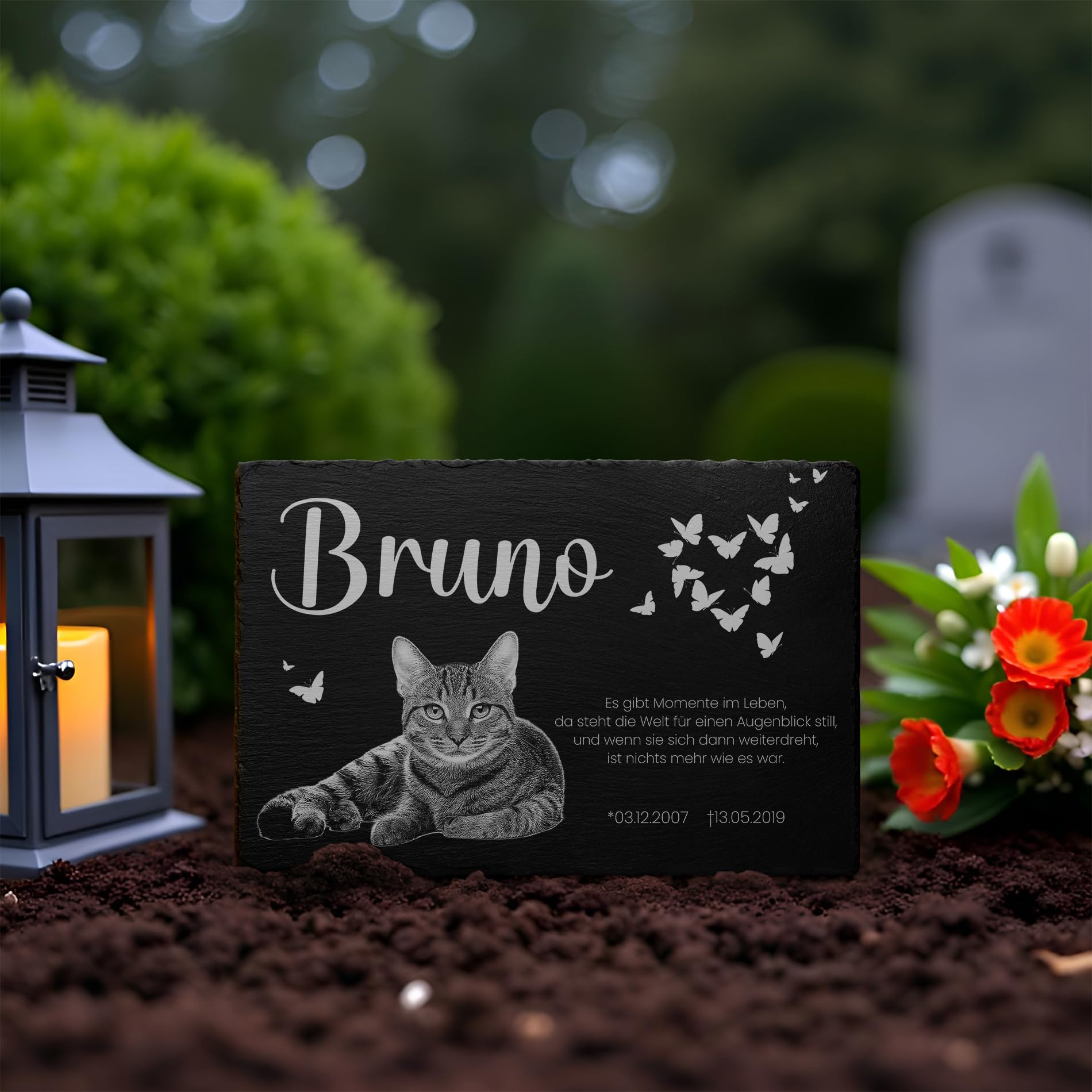 CHRISCK design Tier Grabstein Katze - Katzengrabstein aus Schiefer mit Gravur - Wetterfester Gravurschutz - Große Motivauswahl! - Grabplatte mit Foto - 22x14 cm o. 30x20 cm - Gedenkstein Hund