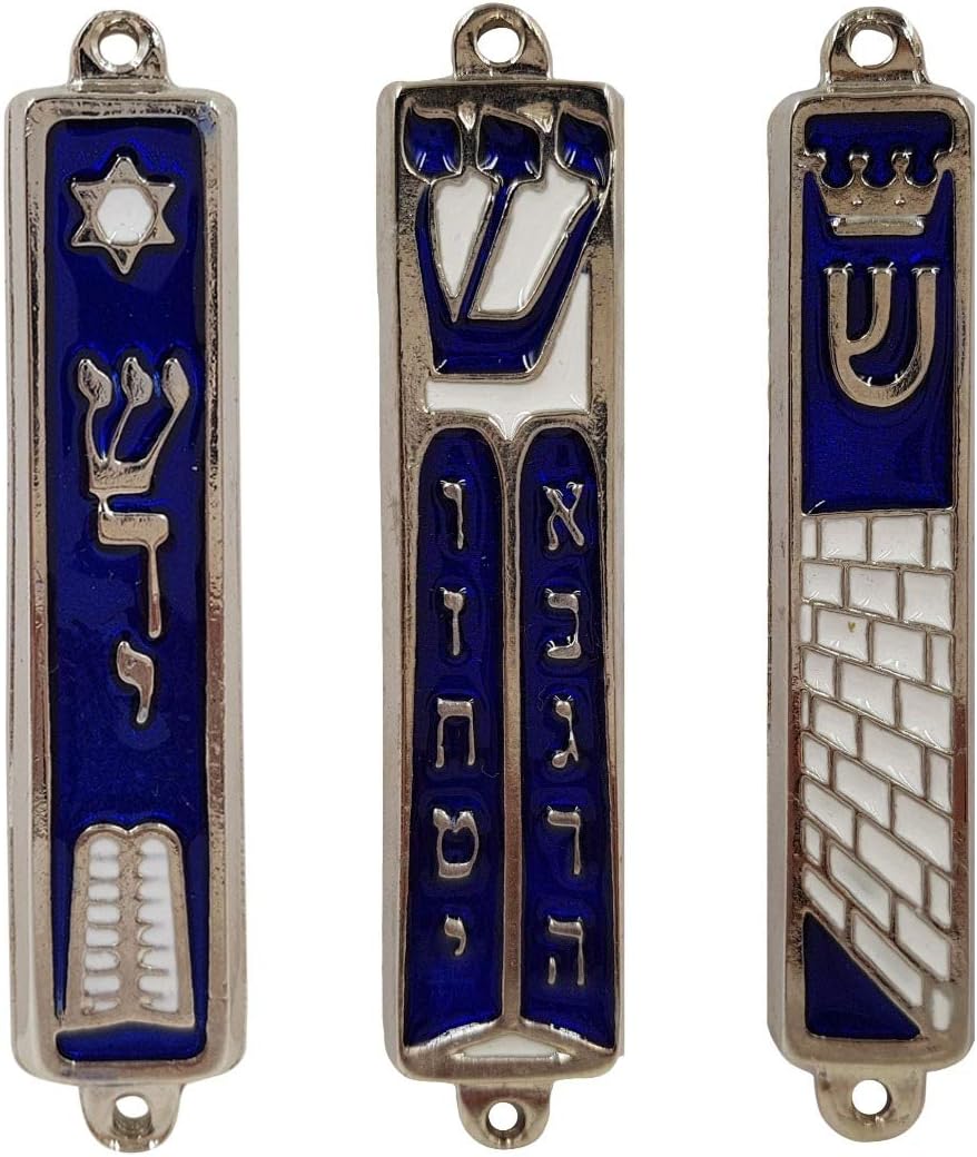 Set of 3 Jerusalem Mezuzah Case with Scroll for Door Star of David Ten Commandments Torah Crown Silver Tone Blue Enamel Israel Mezuza 9 cm / 3.5 Inch