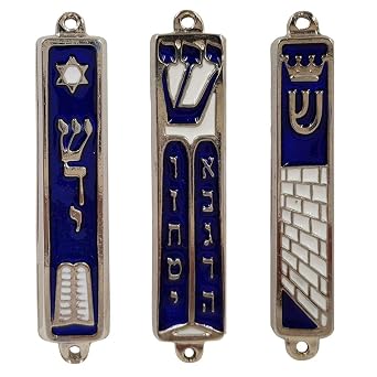 Set of 3 Jerusalem Mezuzah Case with Scroll for Door Star of David Ten Commandments Torah Crown Silver Tone Blue Enamel Israel Mezuza 9 cm / 3.5 Inch