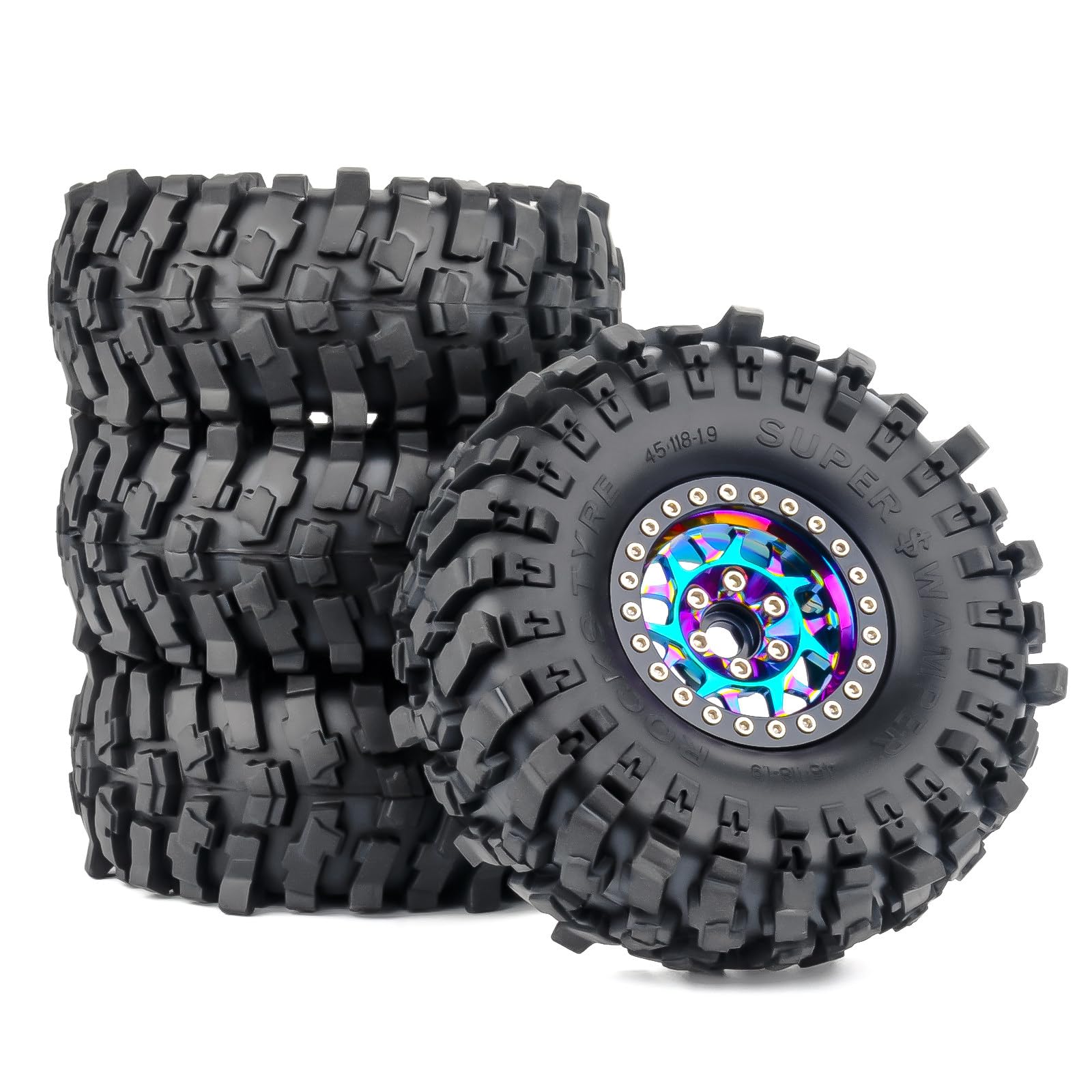 PYFORE Rainbow Aluminum 1.9 Beadlock Wheels & Tires Combo, Mud Slingers Tires for TRX4, Axial SCX10 II III, Redcat Gen 8, VS4-10 1/10 Scale RC Crawler (4pcs) (C)
