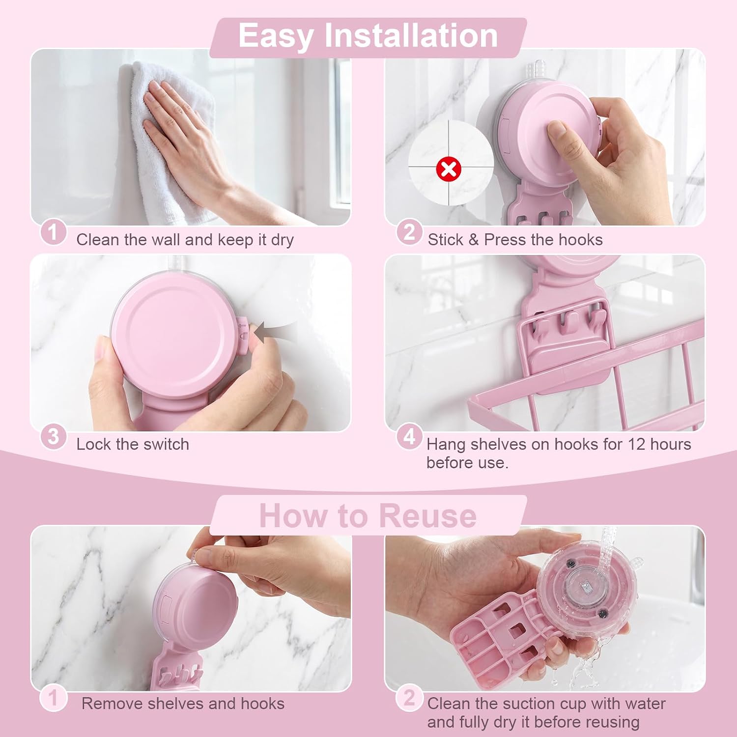 JOTPE Pink Suction Cup Shower Caddy, 2 Pack Bathroom Organizer with Hooks image 3