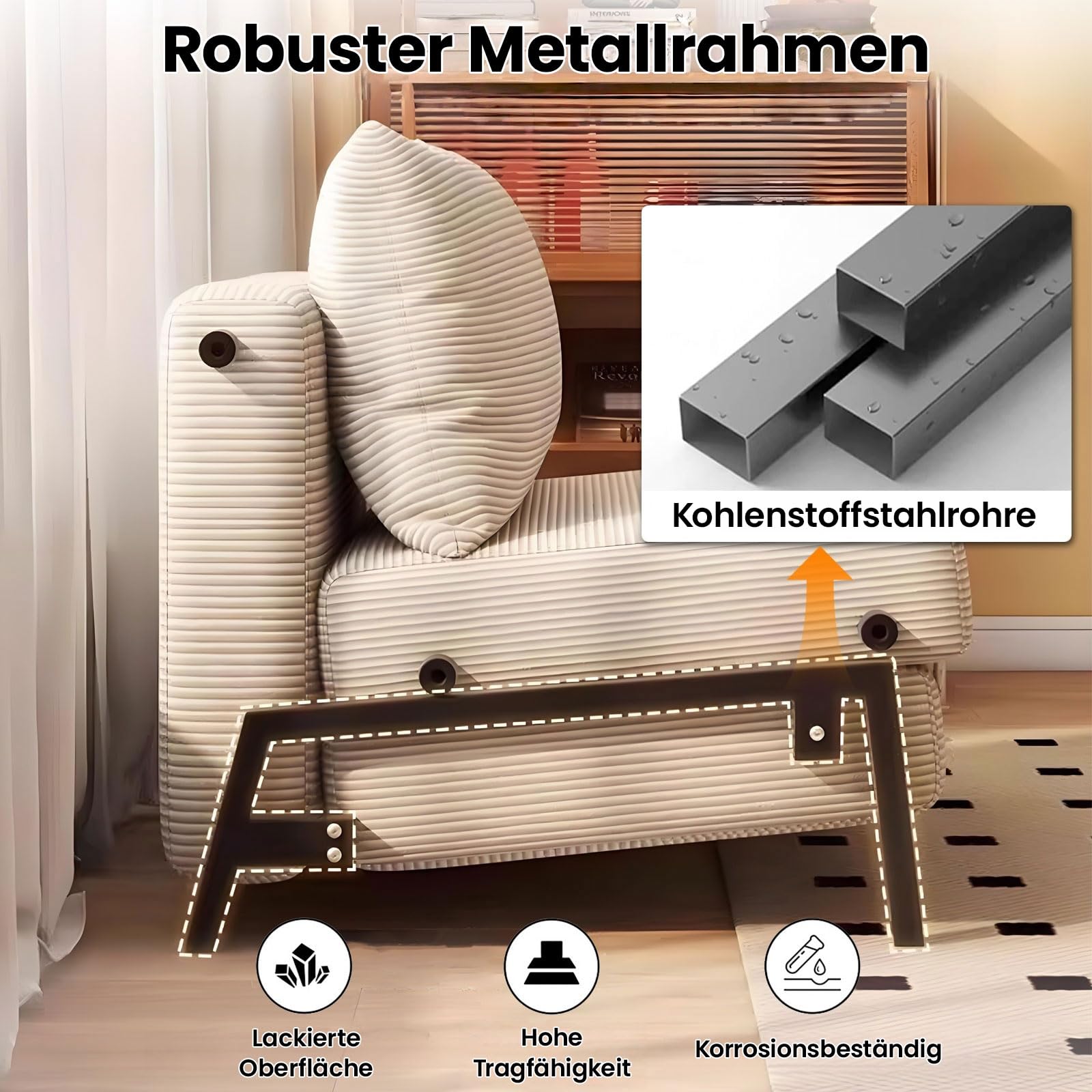 Generisch Schlafsofa Klappbar, 1-Sitzer Sofa mit Schlaffunktion, Kordsamt | Wandelbarer Schlafcouch mit Kissen, Metallrahmen, Einzelsessel für Kleine Wohnzimmer Schlafzimmer Gästezimmer