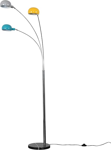 MiniSun Modern 3 Way Polished Chrome & Black Marble Base Curva Floor Lamp with Yellow, Blue & Grey Dome Shades - Complete with 4w LED Bulbs [3000K Warm White]