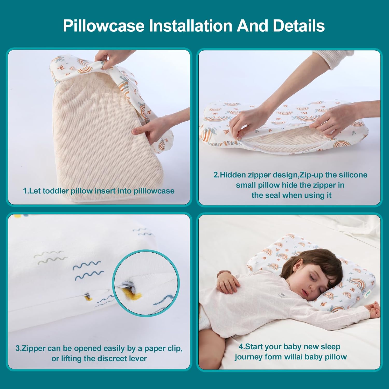 Toddler Pillow with Removable Pillowcase, willai 20X12inch Silicone Breathable Kid Pillow, Machine Washable Toddler Pillow, Ergonomic Small Children Pillow for Boys and Girls Ages 3-7 Years (Rainbow1) - Image 8