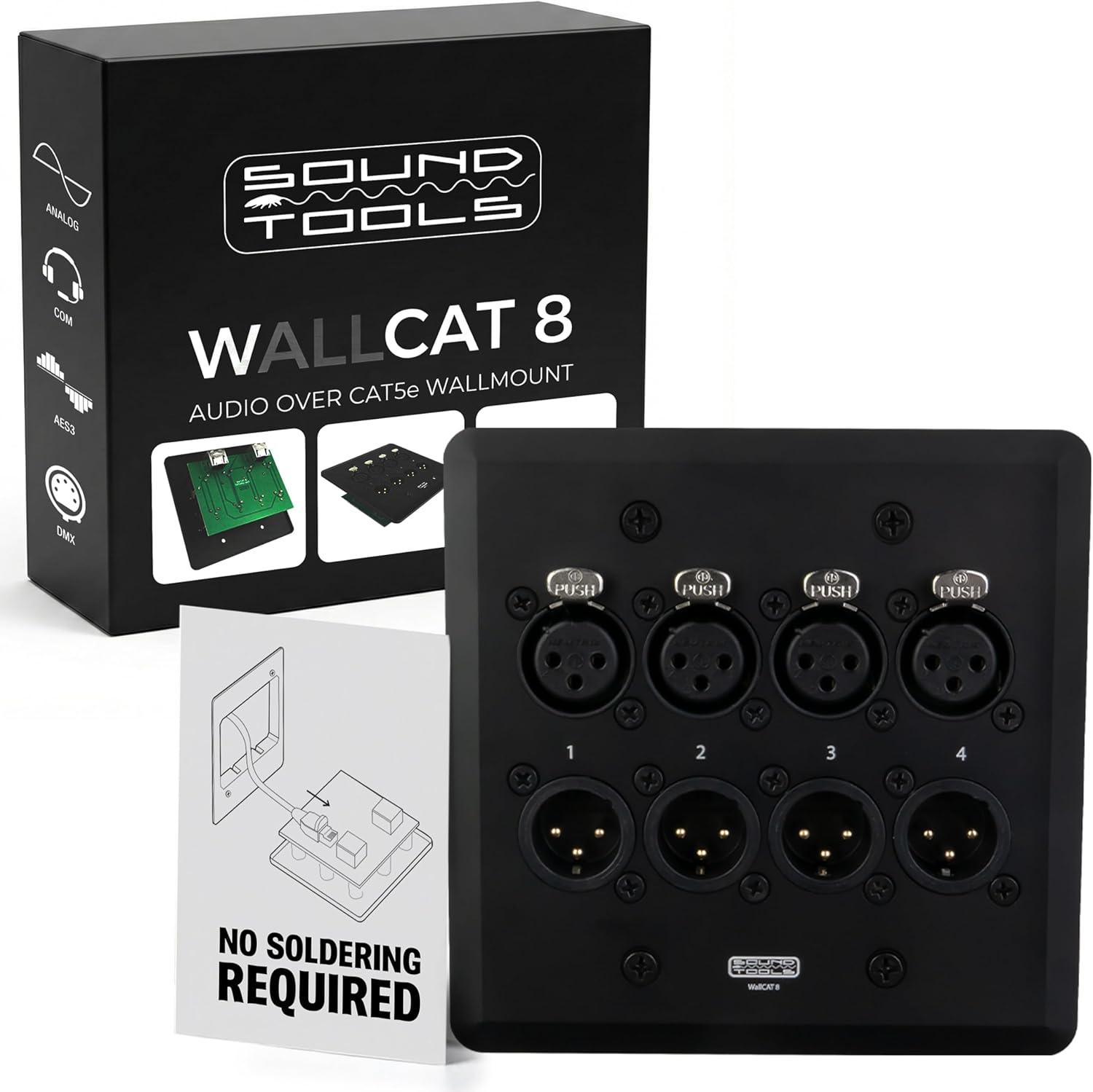 SoundTools WallCAT 8 – 4 Channel XLR Wall Plate – 2 Gang Black Brushed Aluminum – Solderless Installation – Fits Standard 4 Inch Junction Boxes – Supports Analog Audio AES3 DMX Intercom – Male/Female