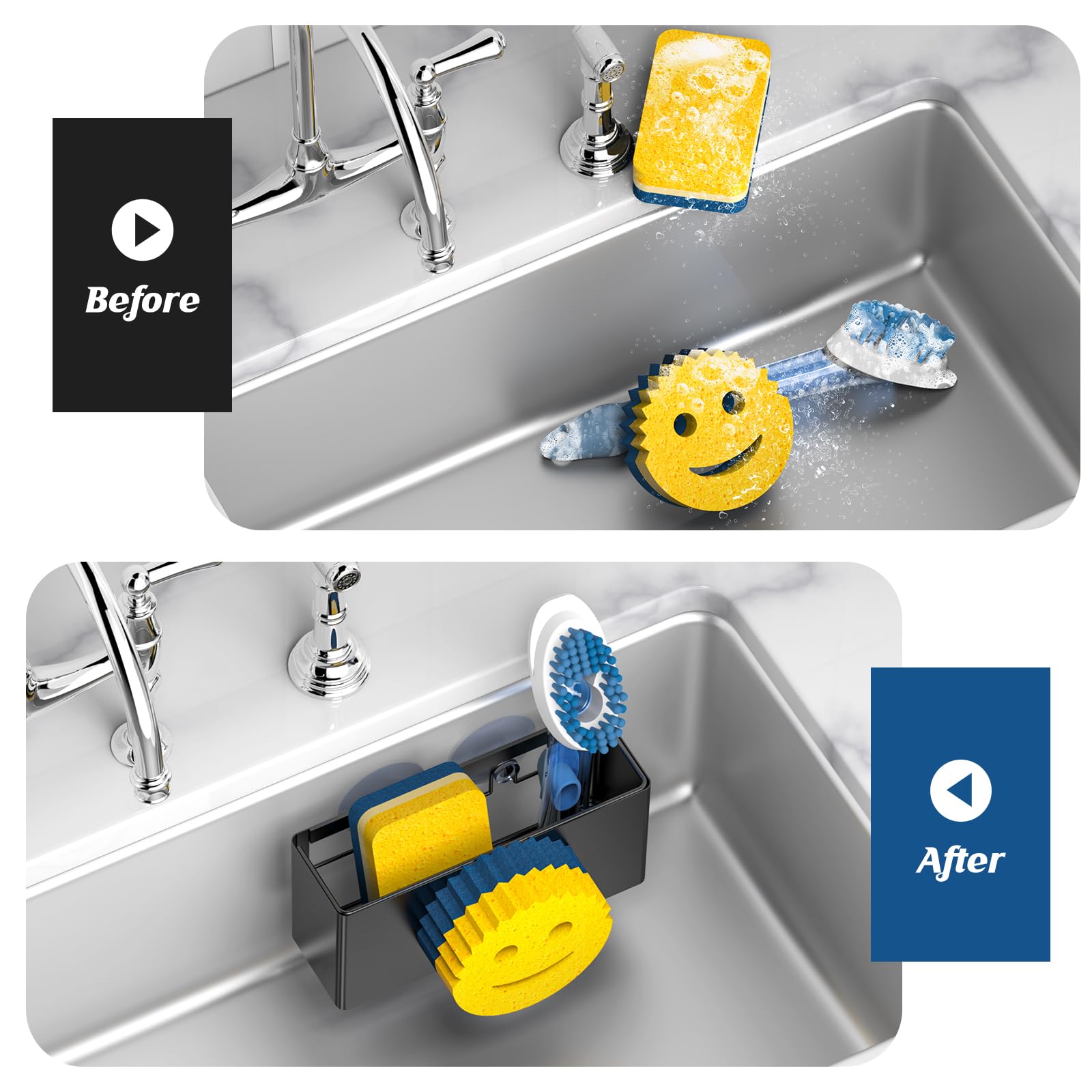 Schwammhalter Für Wasserhahn Mit Smiley – Edelstahl-Organizer & Trockenmatte Für Spüle (schwarz)