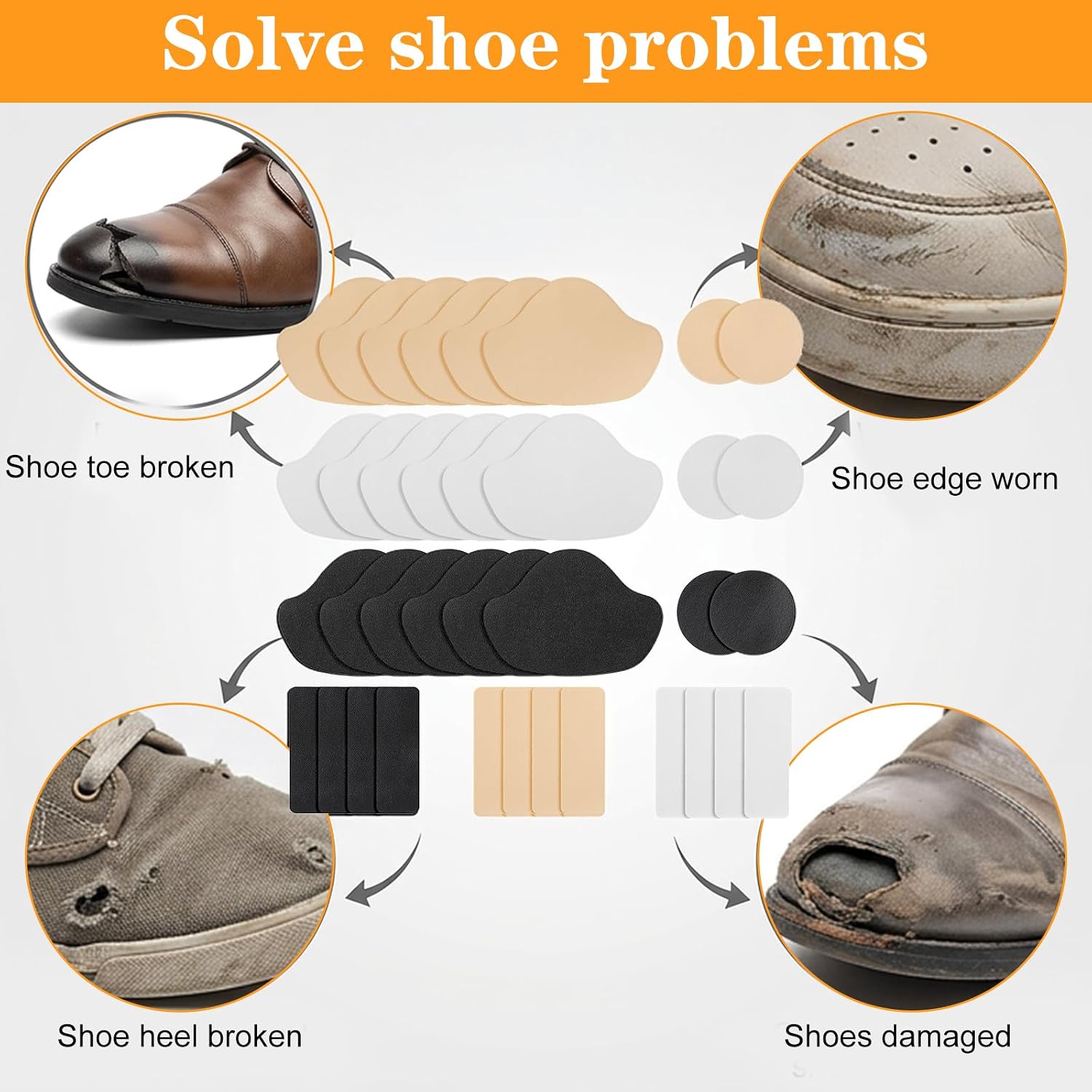 36 Pcs Shoes Heel Repair Patches for Holes, Self-Adhesive Heel Pads Shoes Heel Protect, Repair Shoes Patches Kit for Sneakers Flat Tennis Shoe Heel Hole Repairs (Black, White, Beige)