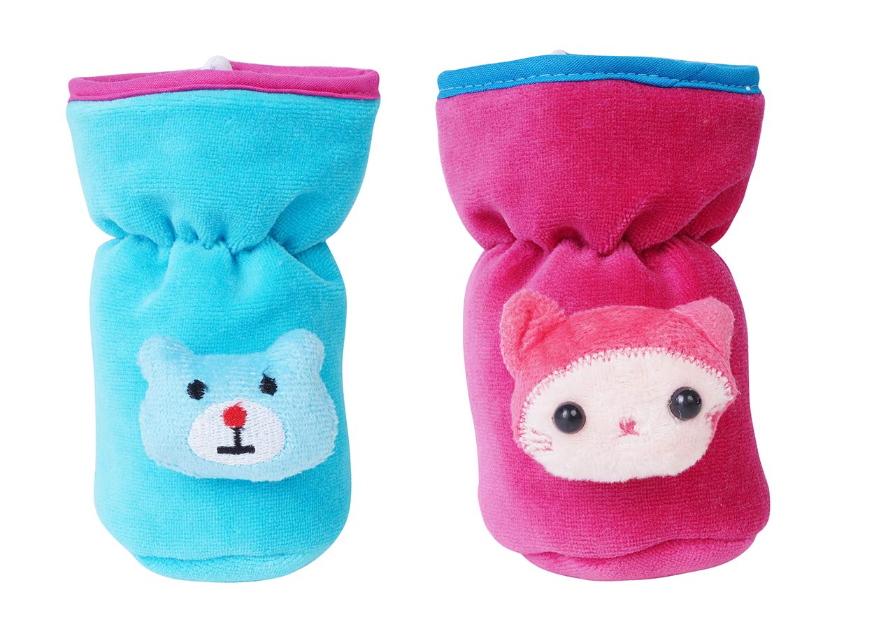 MW PRINTS Soft Plush Stretchable Baby Feeding Bottle Cover Easy to Hold with Attractive Cartoon| Suitable for 60-125ml (Pack of 2) (Blue & Pink, 60-125 ML)