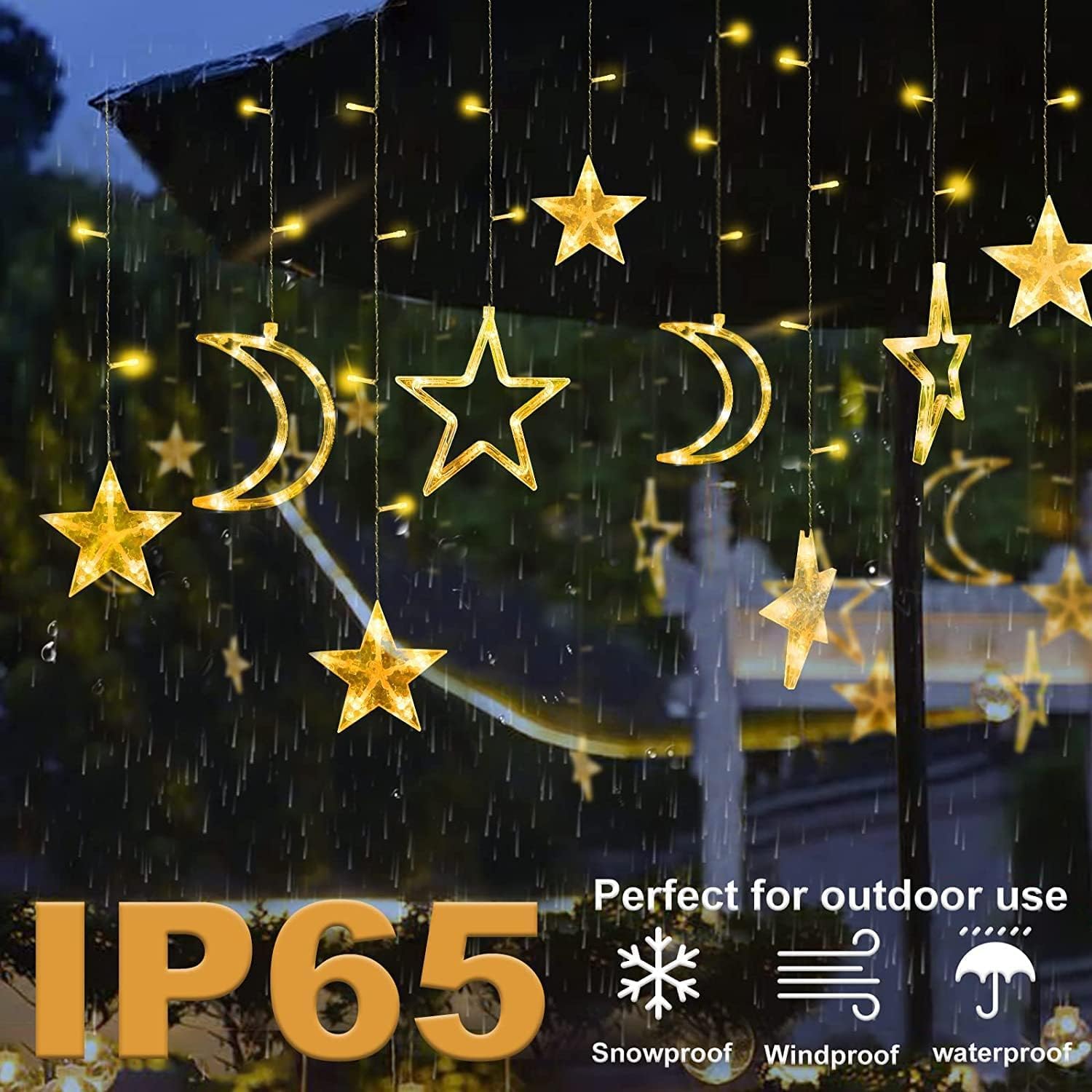 Stringa di luci solari per esterni, a forma di stella e luna, 8 modalità, 138 LED, con telecomando, impermeabile, decorazione per Natale, matrimoni, feste, casa, patio (acqua)