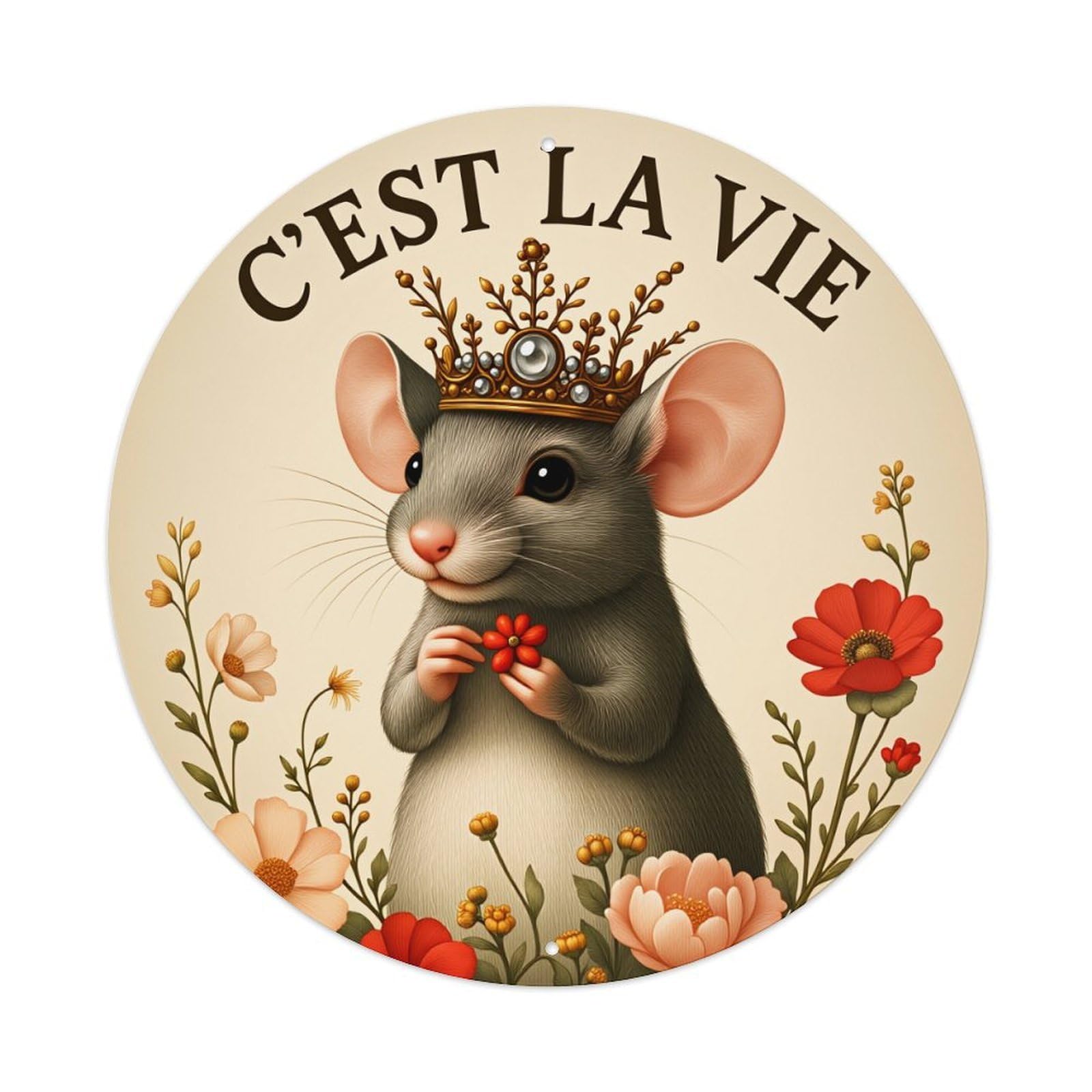 Crowned Mouse Holding Flower Vintage Metal Tin Sign Retro Wall Decor for Home Bar Garage Cafe, Indoor & Outdoor Decorative，circle Metal Poster, 8x8 Inch