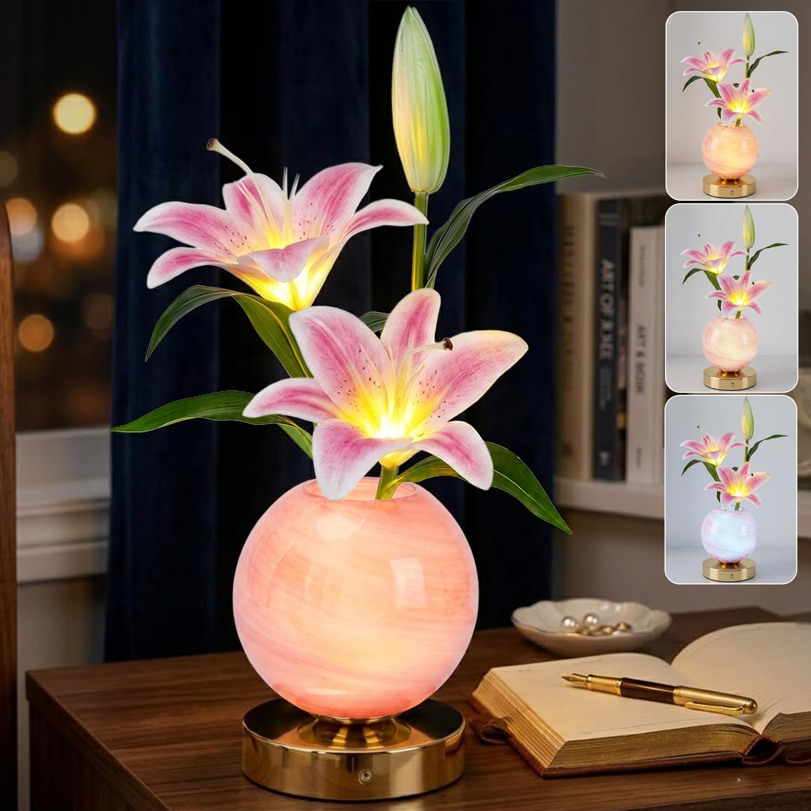 Lily Flower Lamp, 3 Color Planet Night Light, Rechargeable Cordless Touch Dimming Artificial Flower Light, LED Flower Table Lamp Romantic Gifts for Girl Women Mom (Pink Lily)