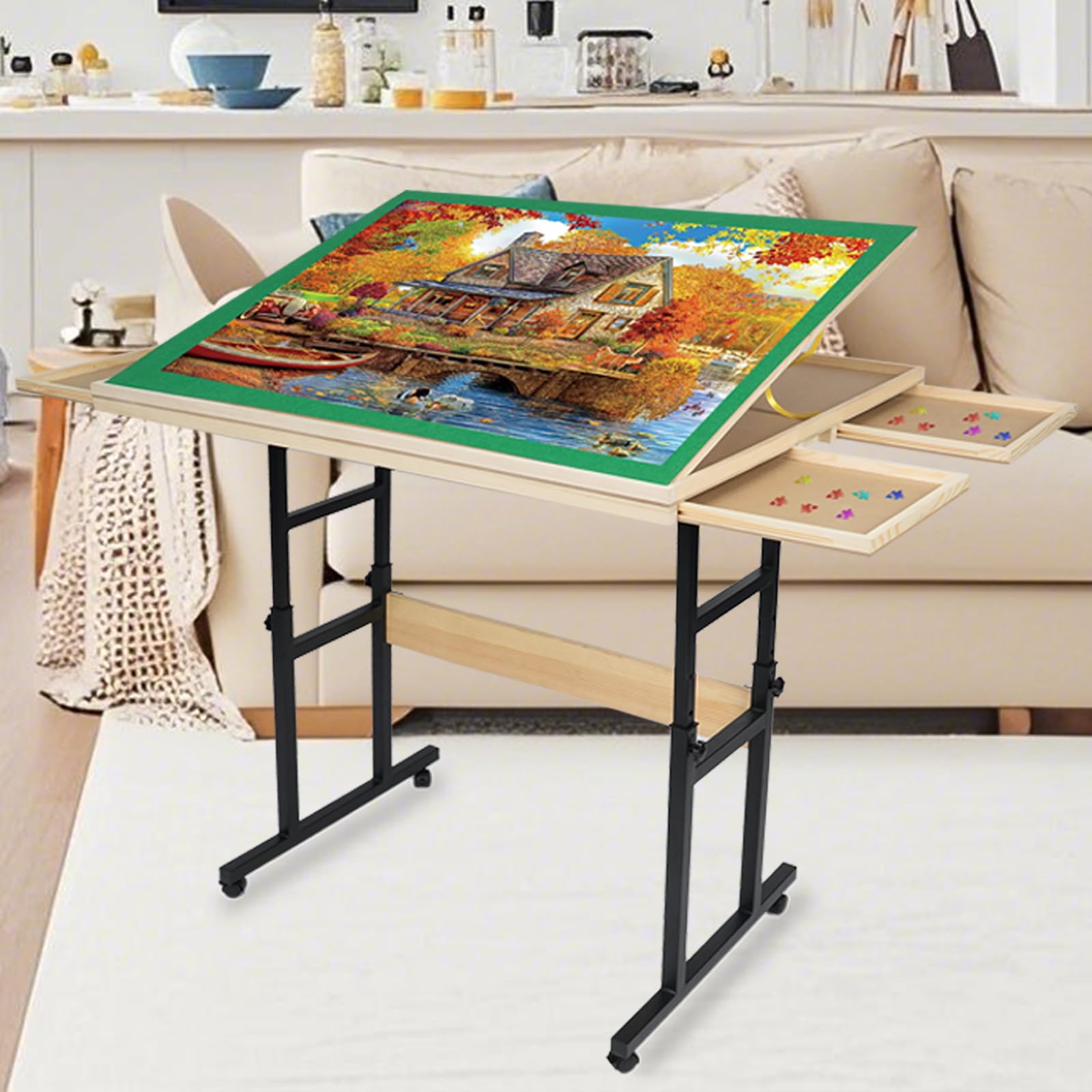 Table de Puzzle Jifenkla 1500 Pièces avec Pieds, 89 x 69 cm, Hauteur et Angle Réglables, Roues, 4 Tiroirs et Couvercle, Cadeau d'Anniversaire pour Adultes