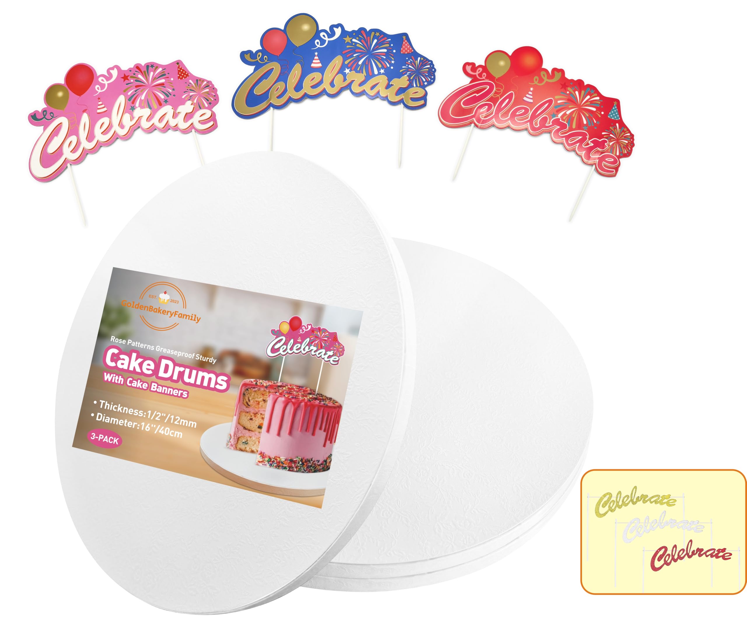 16 Inch Cake Drums with Banner Cake Topper-White(3-Pack) Cake Board Round 1/2 Inch Thick Cake Boards Sturdy, Greaseproof for Birthday Wedding