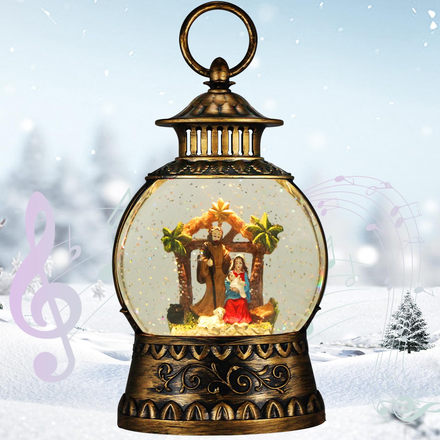 Christmas Nativity Snow Globe, Nativity Musical Snow Globe Lantern Lights with 6H Timer Battery & USB Powered, Retro Style Holiday Glitter Globe for Xmas Home Decoration Holiday Party Gifts