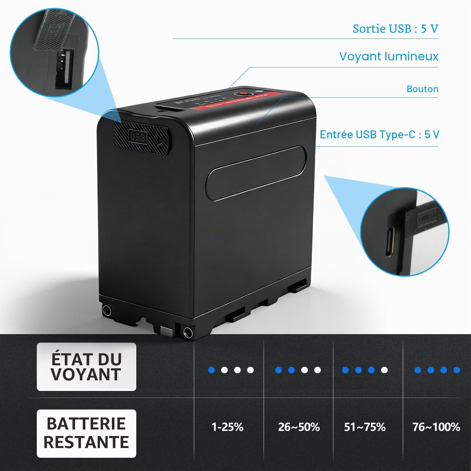 NP-F970 Batterie 2pcs NP-F960 NP-F750 NP-F930 7800mAh | 7.4V / 7800mAh Indicateur LED 1000 cycles recharge Sortie USB 5V 12M garantie + 24h support