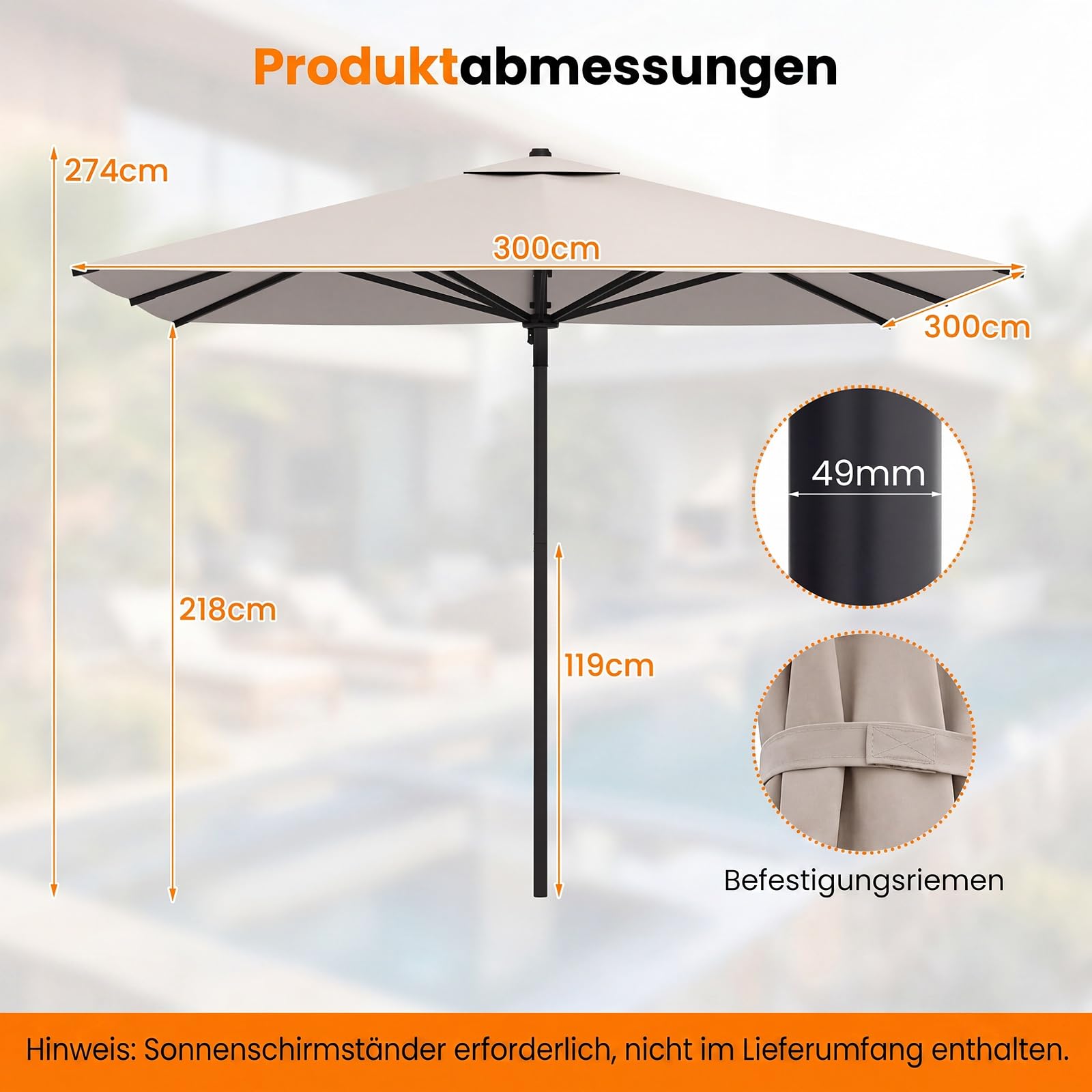COSTWAY Sonnenschirm Alu 300 x 300 cm, quadratischer Gartenschirm, Terrassenschirm, Marktschirm für Garten, Balkon, Terrasse (Beige)