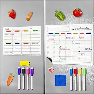 2 Stück Magnetisch Abwischbar Wochenplaner Monatsplaner - (A4+A3 Größe) Premium Familienplaner für Kühlschrank mit 8 Farbigen Markern Radierer & Tuch, Ideal für Essensplaner & Haushaltsorganisation