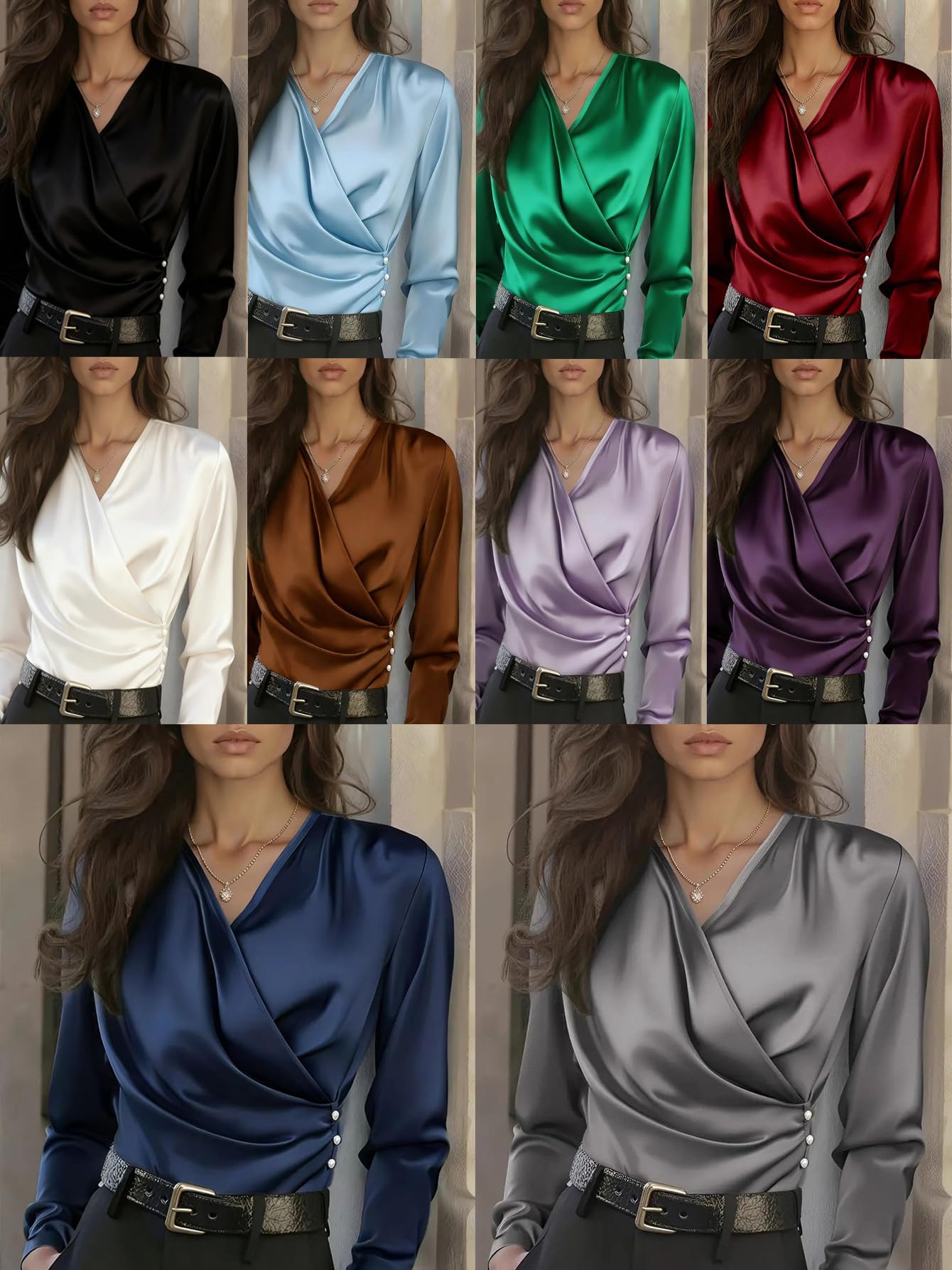 Chemise Femme,Chemisier Cache-Cœur Élégant En Satin Pour Femme, Manches Longues, Col En V, Froncé, Coupe Ajustée, Idéal Pour Le Printemps Et L'Automne, Chemise Soyeuse Pour Le Travail Et Le Bu