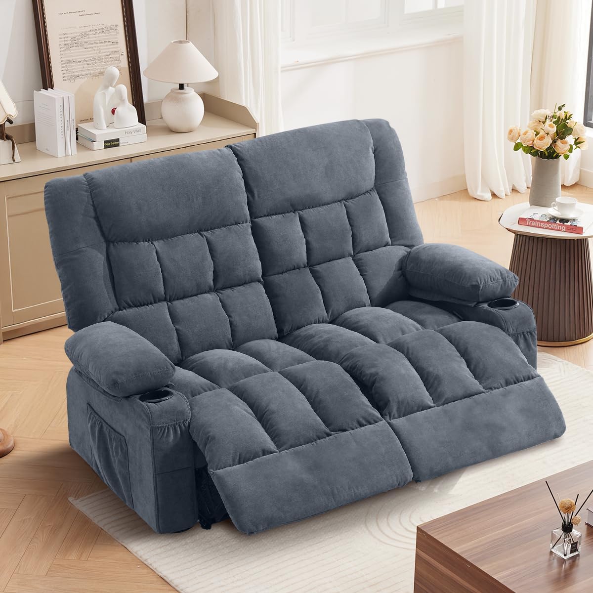 Recliner Loveseat with Cup Holders for Living Room Love Seat Manual Oversized Recliner with Ergonomic, Side Pocket for Adult