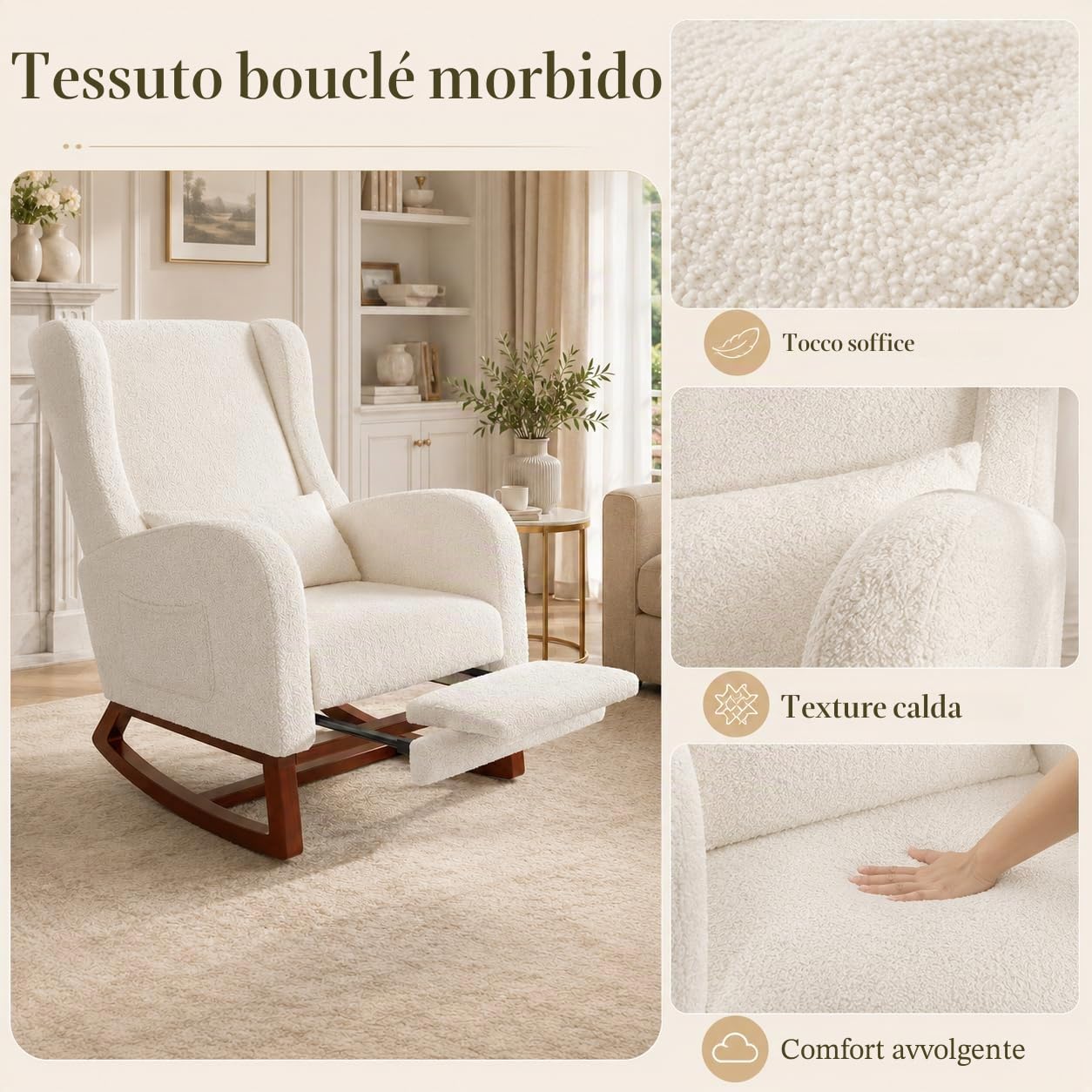 Poltrona a dondolo con poggiapiedi, sedia a dondolo, poltrona a dondolo relax a dondolo cuscino lombare, con tasca laterale e braccioli, sedia a dondolo camera (Sherpa, bianco sporco)