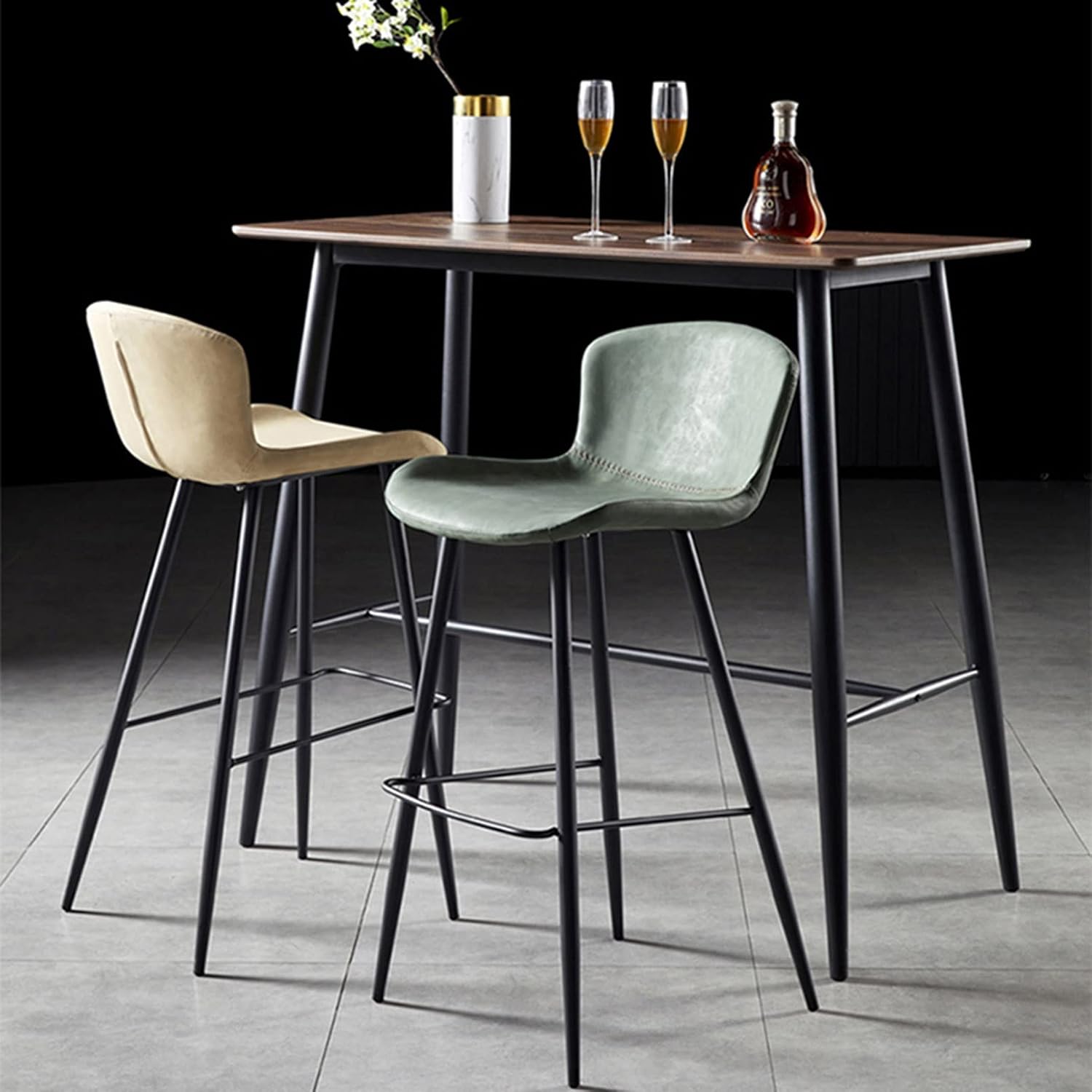 Metal Bar Stools Counter Height Indoor Outdoor Barstools, Faux Leather Upholstered Fixed Height High Chairs Kitchen Island Chairs, 25.6 inches Sitting Height, Set of 2