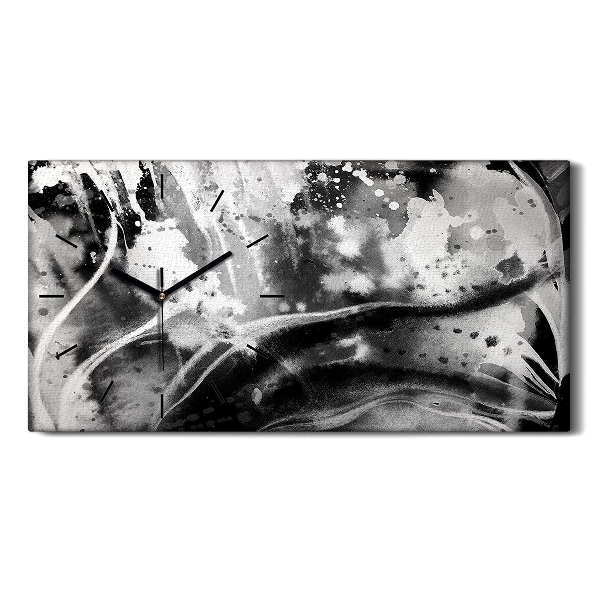 Horloge sur toile 60x30cm abstraction moderne noire et blanche