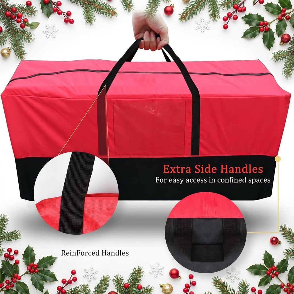 Christmas Tree Storage Bag - Fits Up to 8 Ft Tall Artificial Trees, Heavy Duty Holiday Storage Box With Reinforced Handles, Zipper & Transparent Pocket - 600D Oxford Container, Red - Image 6
