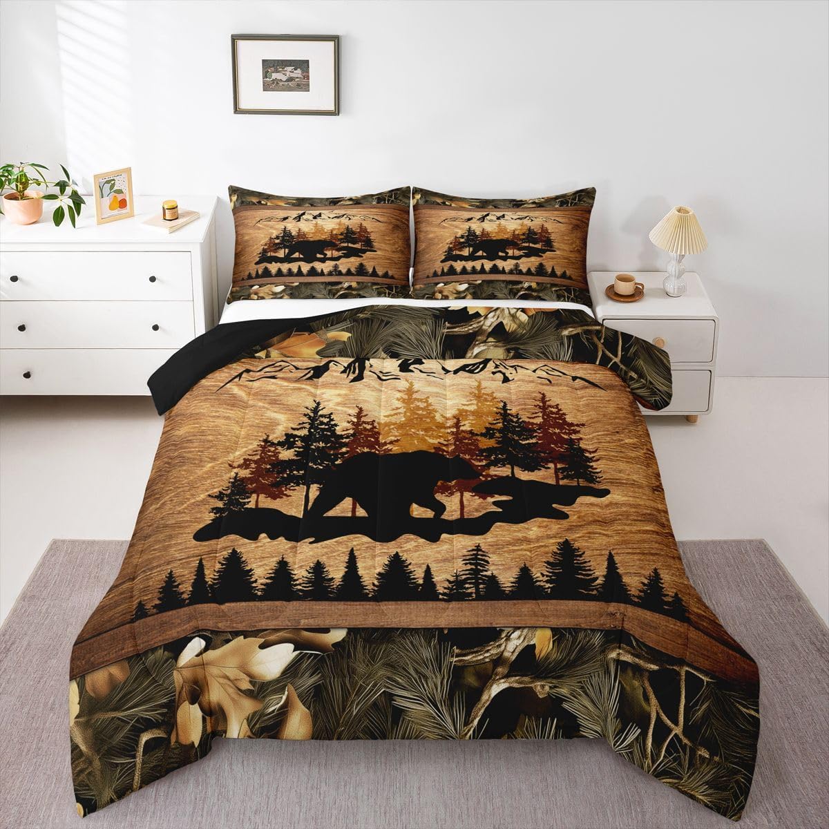 Homewish Lodge Cabin Comforter Set Queen Size 3 Pcs,Bear Pine Trees Mountain Silhouette Bedding Sets for Kids Teens Adults,Natural Jungle Leaves Plants Quilted Comforter with 2 Pillowcases