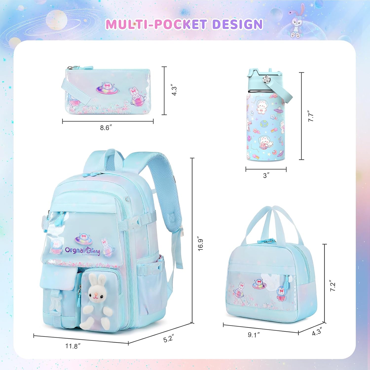 FIXITOK Girls Backpack with 14oz Insulated Water Bottle Set, Kawaii Bunny School Backpack for Girls with Kids Water Bottle Lunch Bag Pencil Case for Kindergarten Elementary Preschool School