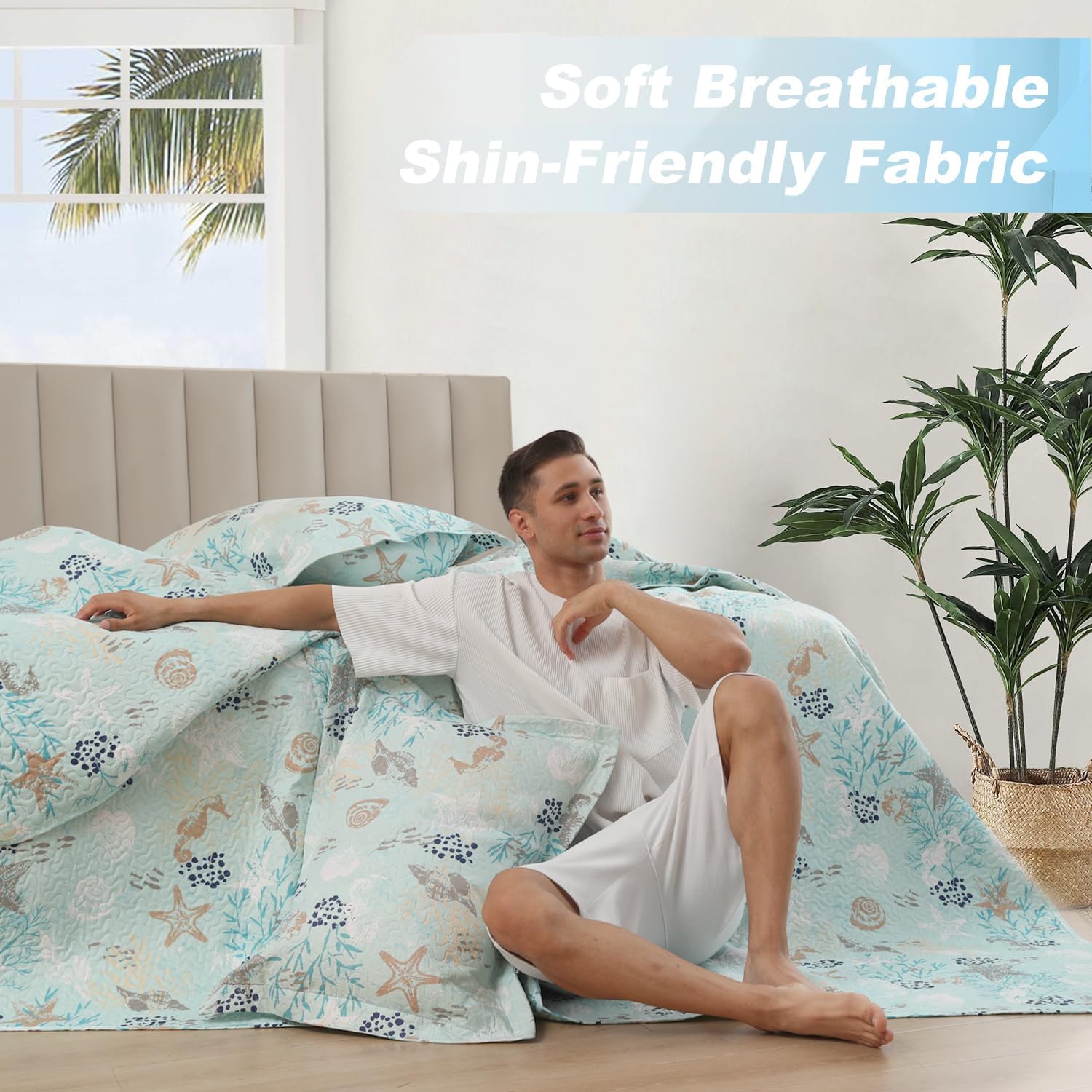 Ycosy 3-Piece Coastal Beach Bedspread Set Full/Queen Quilt Set Blue Ocean Theme Bedding Seashell Conch Seahorse Starfish Bed Covers Bedroom Decor,1 Quilt+ 2 Pillow Shams | Ocean Themed