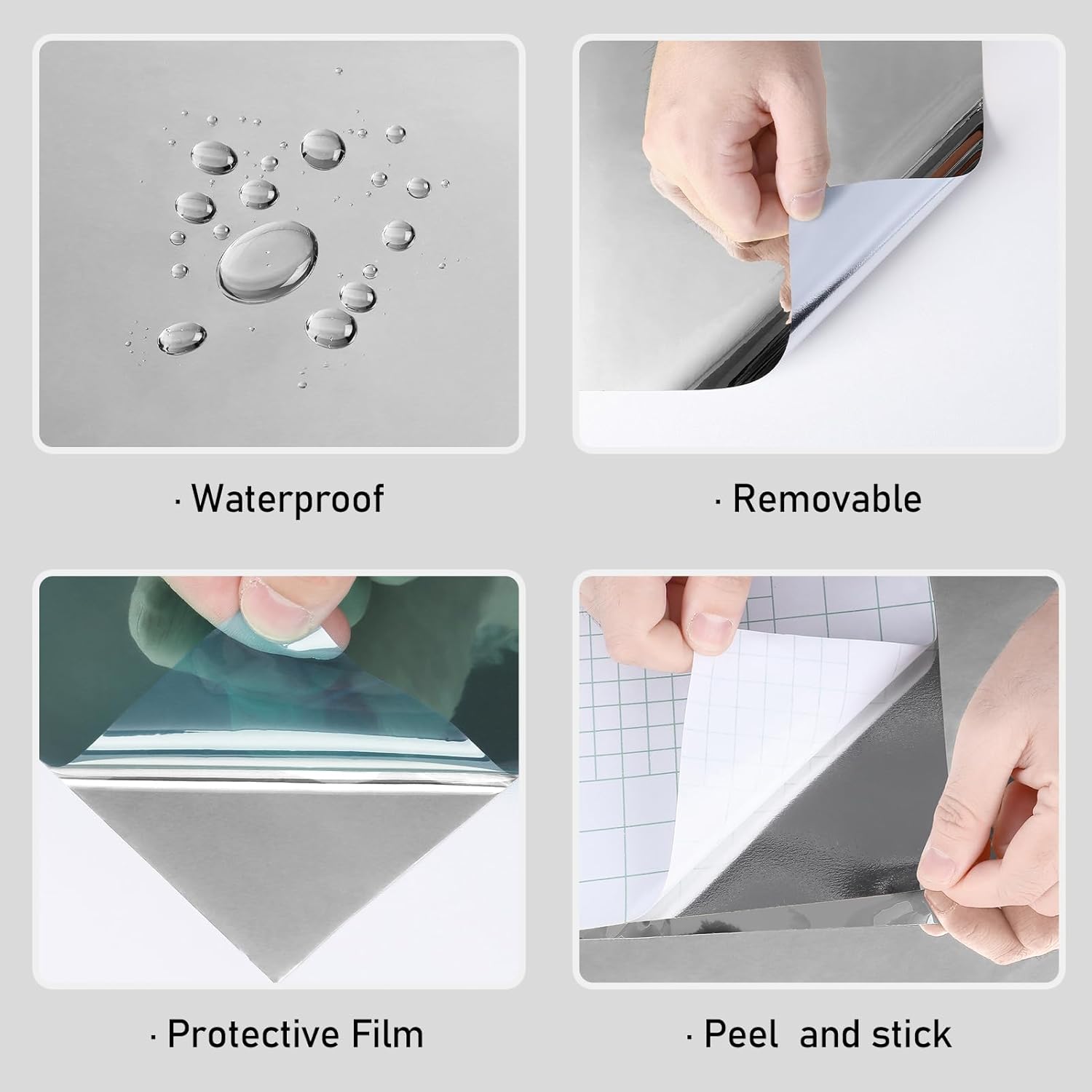 Wallercity Silver Mirrors Vinyl Wrap Sticker Flexible Mirror Decal Self Adhesive Cuttable Mirror Wall Stickers Peel and Stick Wallpaper Non Glass Reflective Mirrors for Wall Decoration 15.8''x315''