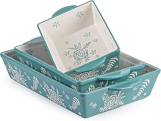 Wisenvoy Baking Dish Casserole Dish Ceramic Lasagna Pan, 3-Piece Bakeware Sets, nonstick, stackable, for oven, for baking casserole, Rose pattern, Baking Set Baking Dish Set
