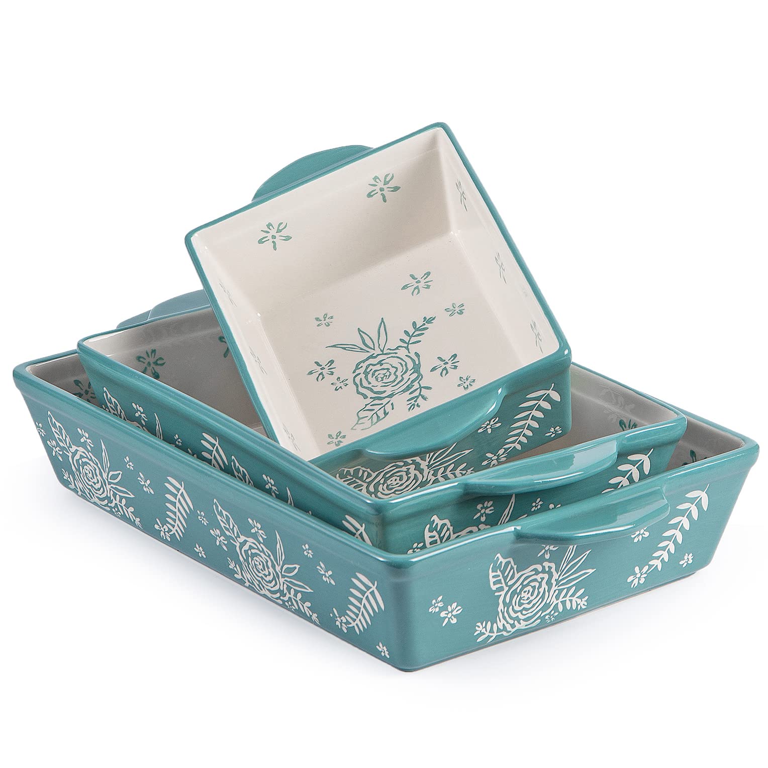 WisenvoyBaking Dish Casserole Dish Ceramic Lasagna Pan, 3-Piece Bakeware Sets, nonstick, stackable, for oven, for baking casserole, Rose pattern, Baking Set Baking Dish Set