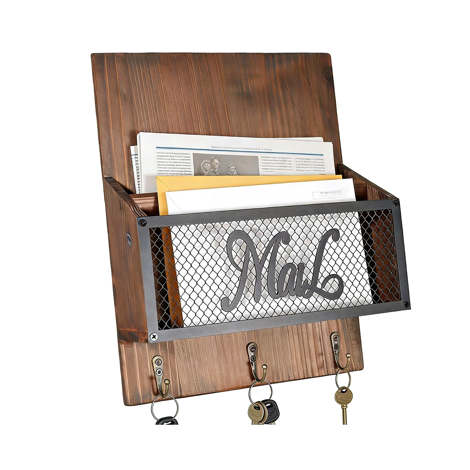 Snorvixre Rustics Inspires Wood Wall Mount Mail Sorter with 3 Hook Storage Organiser for Home Offices Entryway Decoration Rural Wooden Mail Holder
