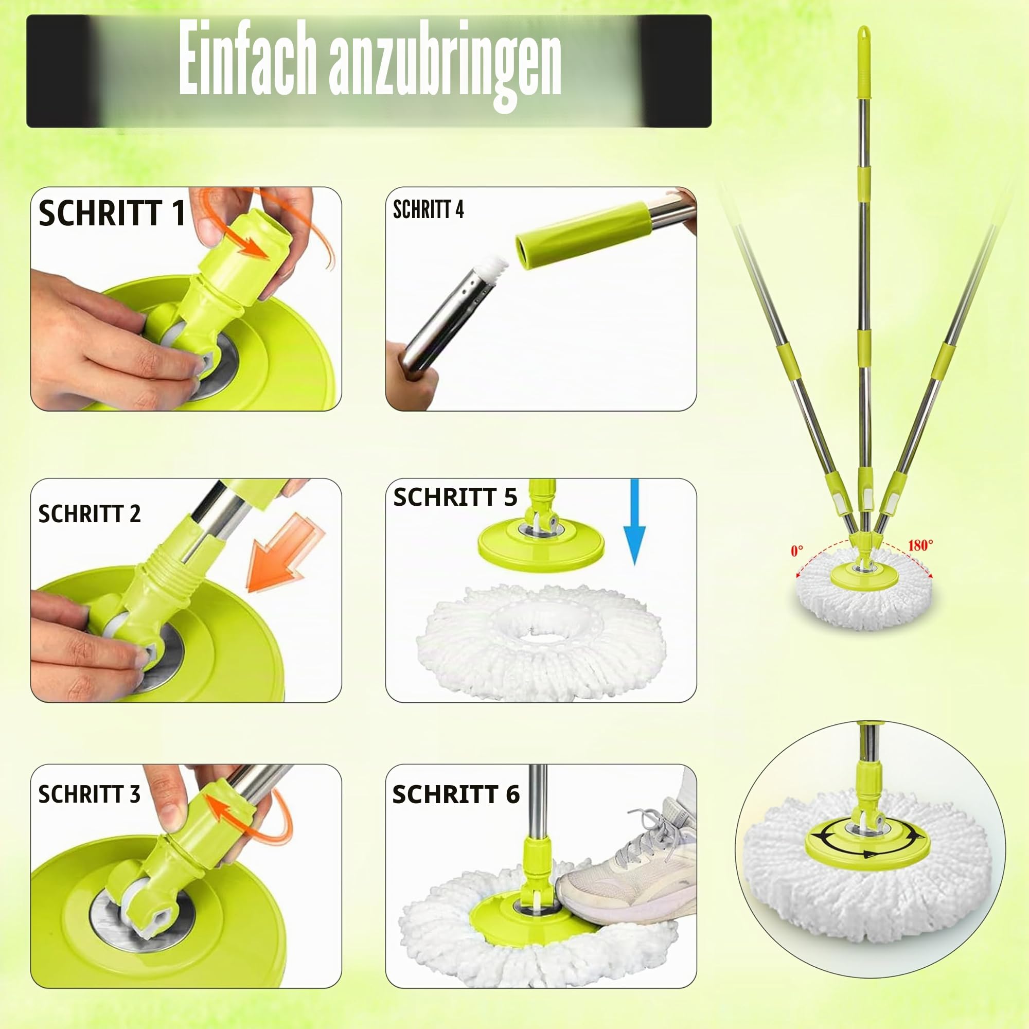 ARSUK Mopp- und Eimer-Sets – 2 Separate stapelbare Eimer mit 2 Mikrofaser-Moppköpfen und 360° drehbarem, höhenverstellbarem Teleskopstiel