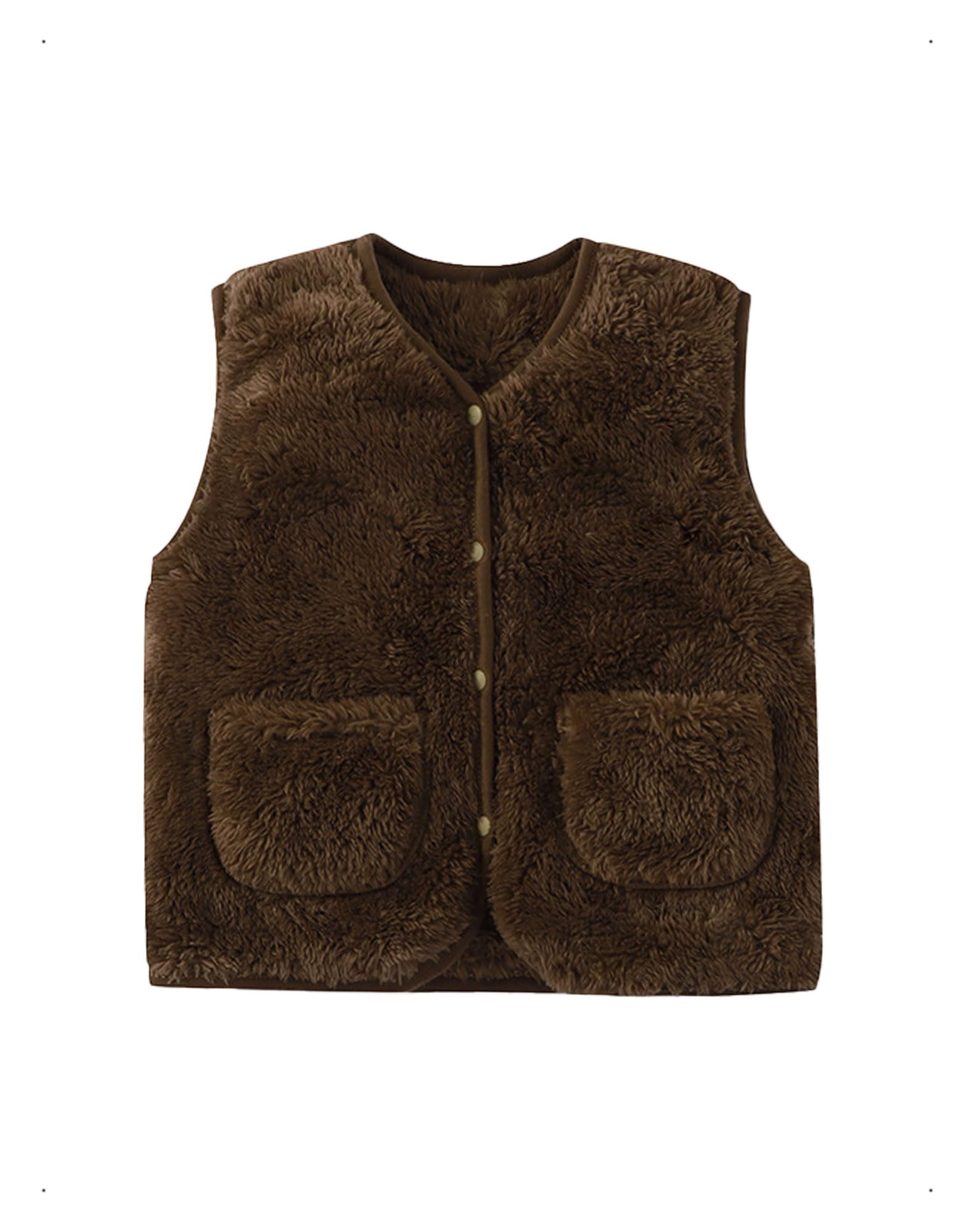 Lindo Bebé Niño Chaleco, Baby Chalecos de Felpa Doble Cara Sin Mangas con Botones a Presión, Bebé Cálido Chaqueta para Otoño, Invierno, Chaqueta Unisex con Bolsillos, Caqui/Marrón, 1-7 Años.