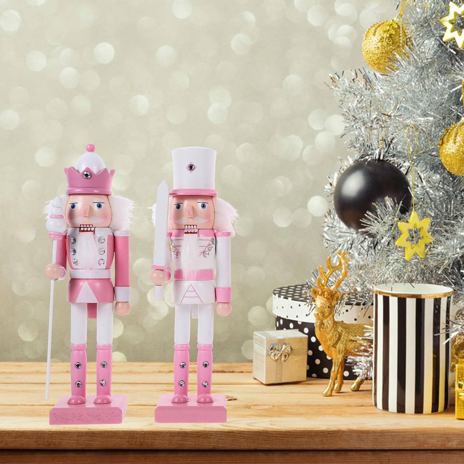 Luxshiny 4pcs Pink Wood Nutcracker Ornaments Set 24cm Christmas Nutcracker Soldier Figurines Decorative Xmas Tabletop Figures for Holiday