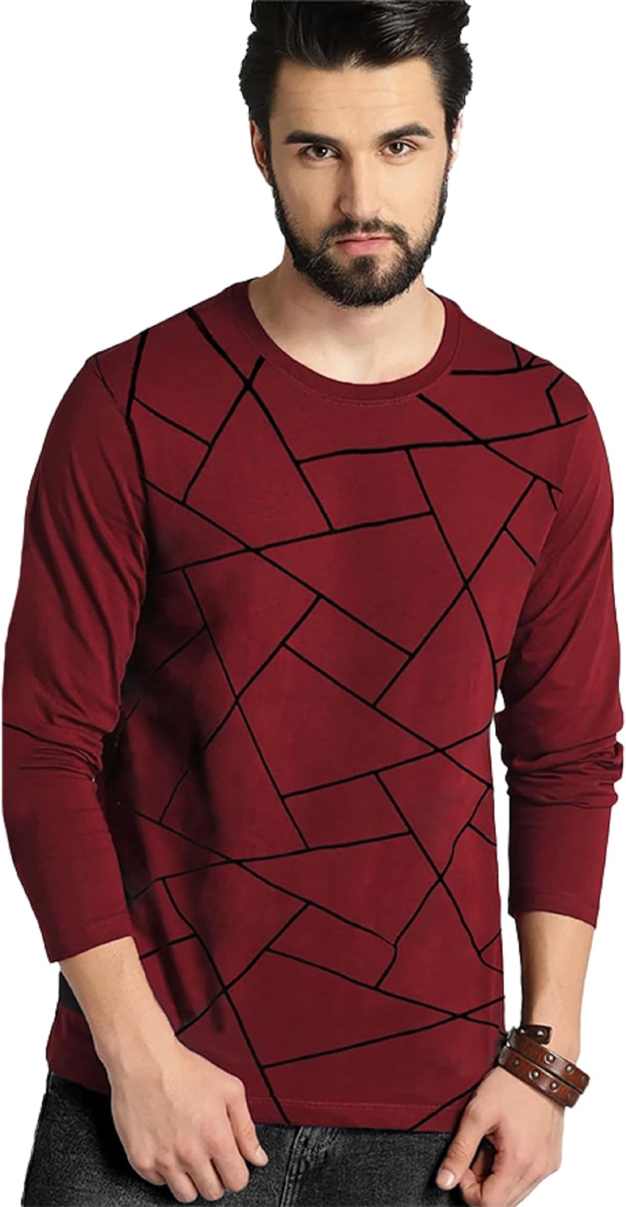 LEOTUDERegular Fit Cottonblend Full Sleeve Printed Men's T-Shirt (Color Maroon)