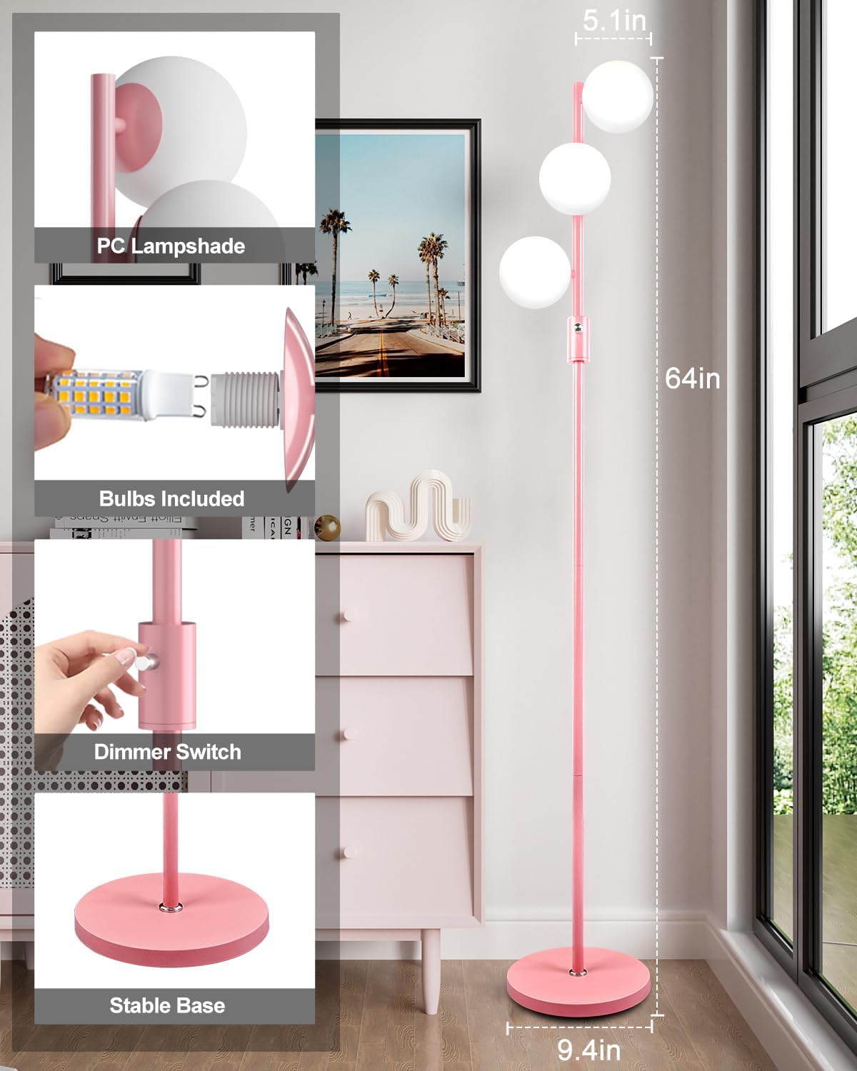 Lightdot Dimmable (Brightness Adjustable) Globe Floor Lamp, Pink Pole Standing Lamps with 3PCS 3000K G9 Bulbs, Mid Century Modern Floor Lamp for Living Room