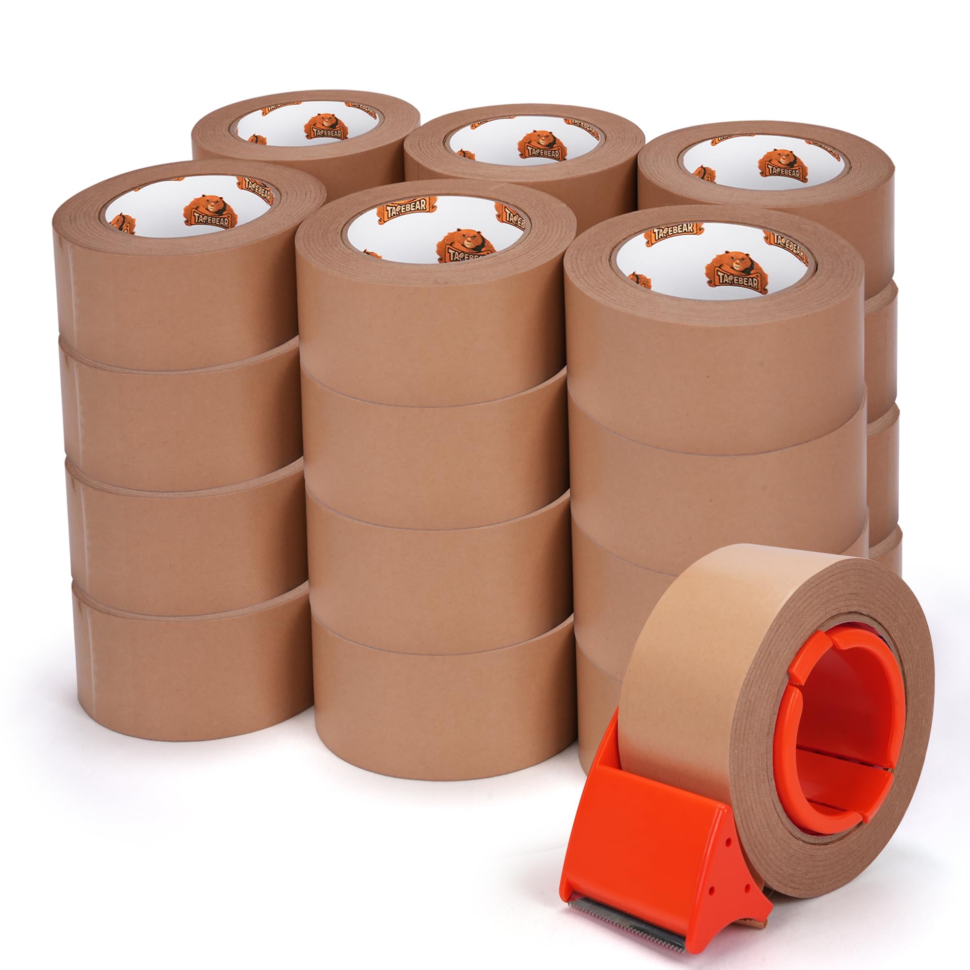 TAPEBEAR 24Rolls Eco-Friendly Paper Packing Tape with Dispenser, Waterproof Coated Kraft Packaging Tape 5cm*50m Brown Cardboard Tape Self Adhesive for Moving Packing Shipping Sealing Boxes