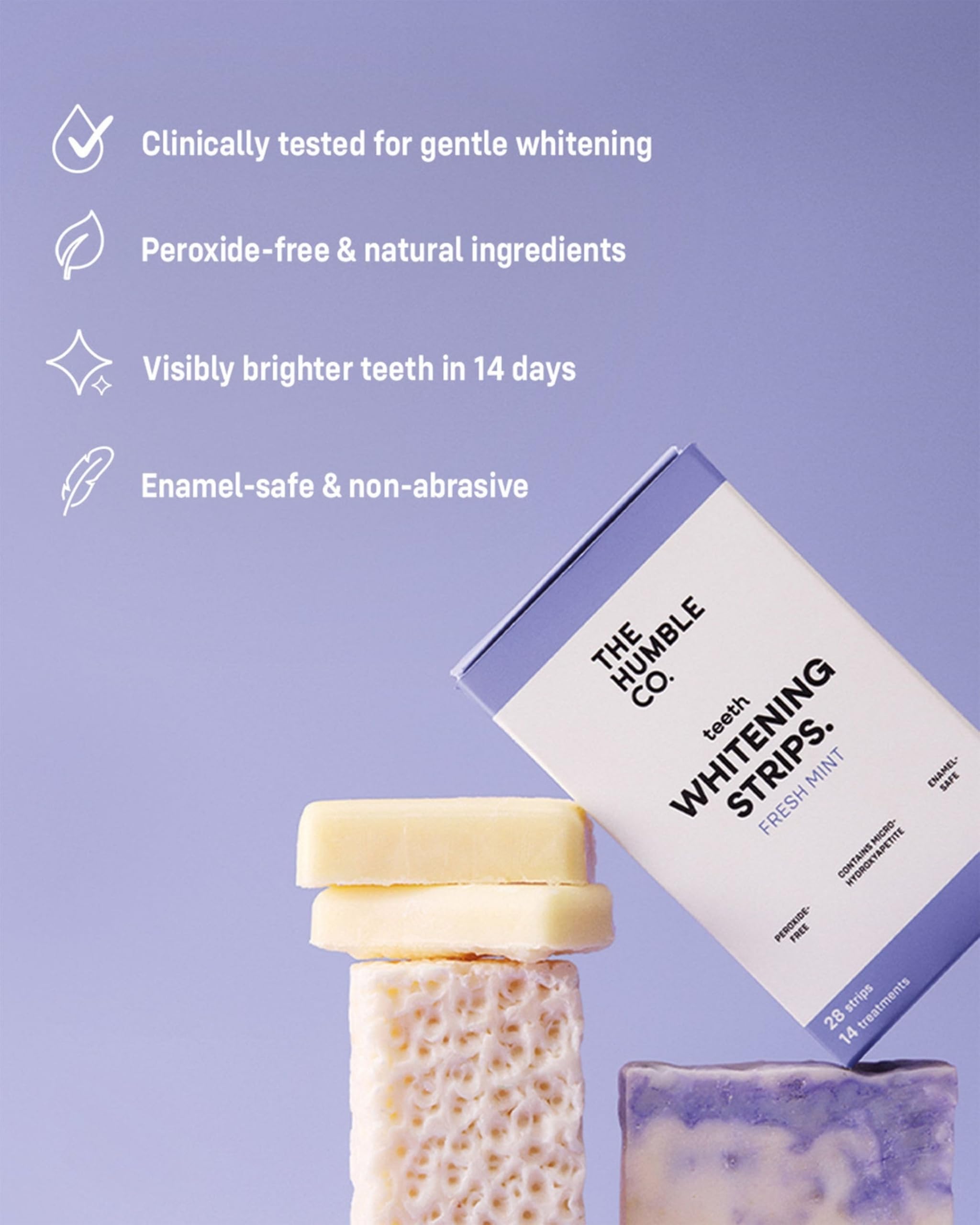 The Humble Co. Diş Beyazlatma Bandı Nane Teeth Whitening Strips - Fresh Mint (28 Strips) Peroksit içermez –dişlere ve diş etlerine karşı nazik, Hidroksiapatit ile güçlendirilmiş