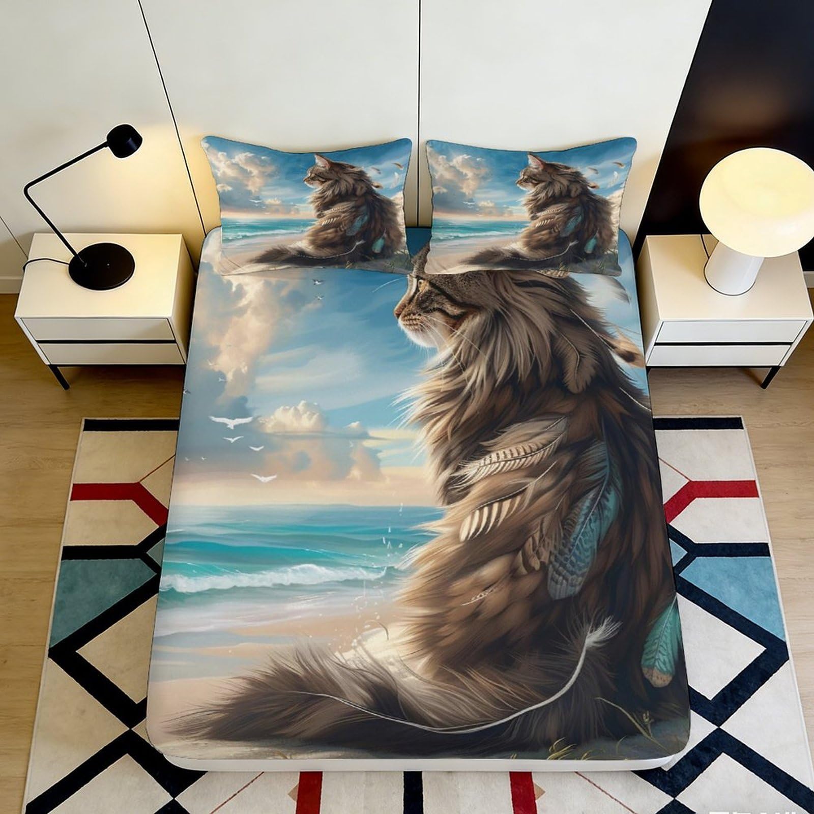 Pnayamiorkfel Style-3 3D Printed Cat Beach Fitted Sheet Microfiber Soft Art Decor Mattress Cover For Bedroom Guest Room Easy Care 90X200x25cm