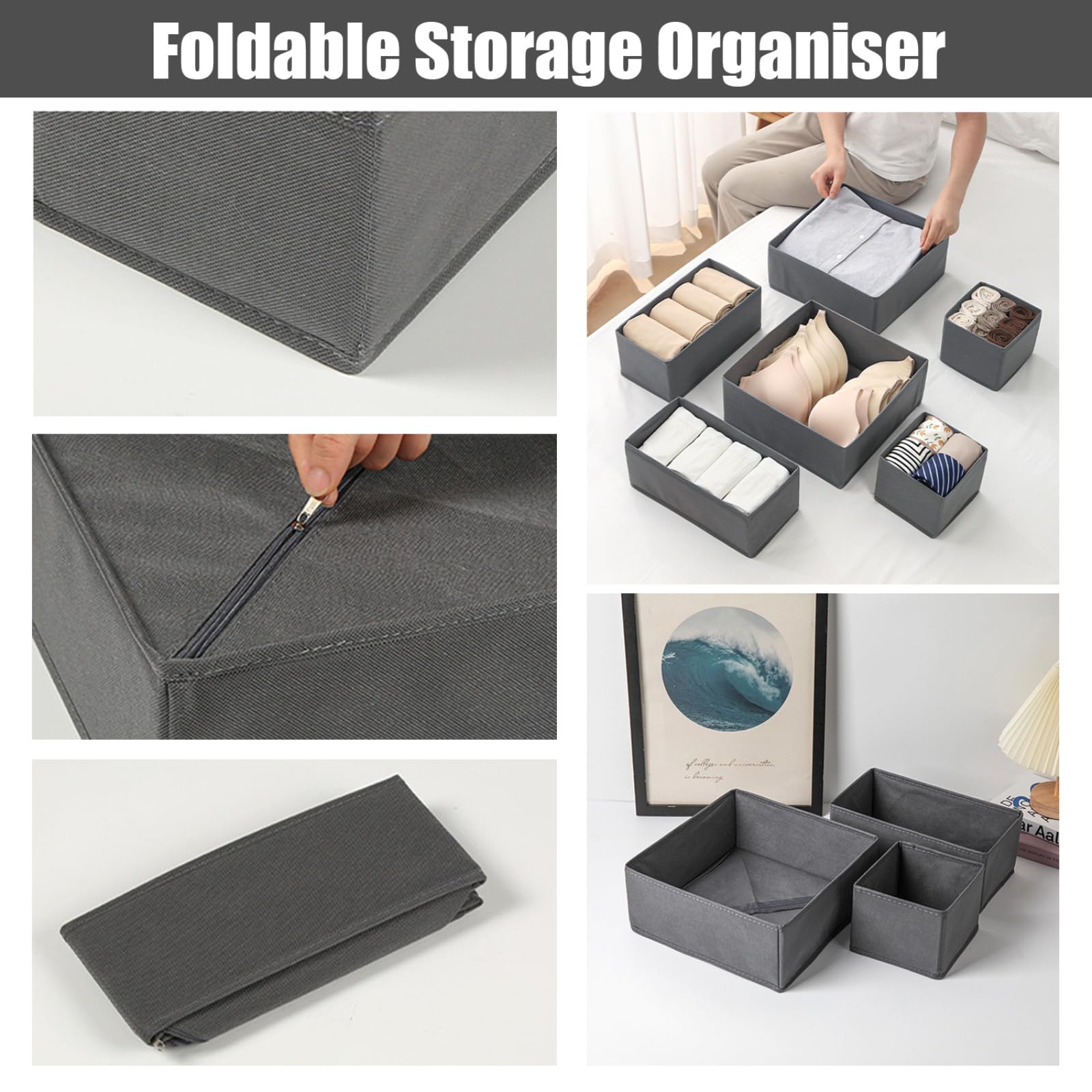 wintfarm Clothes Drawer Organisers, 12 Pack Folding Drawer Dividers, for Bedroom Fabric Underwear & Shirt Organiser (Dark Grey) - Image 3