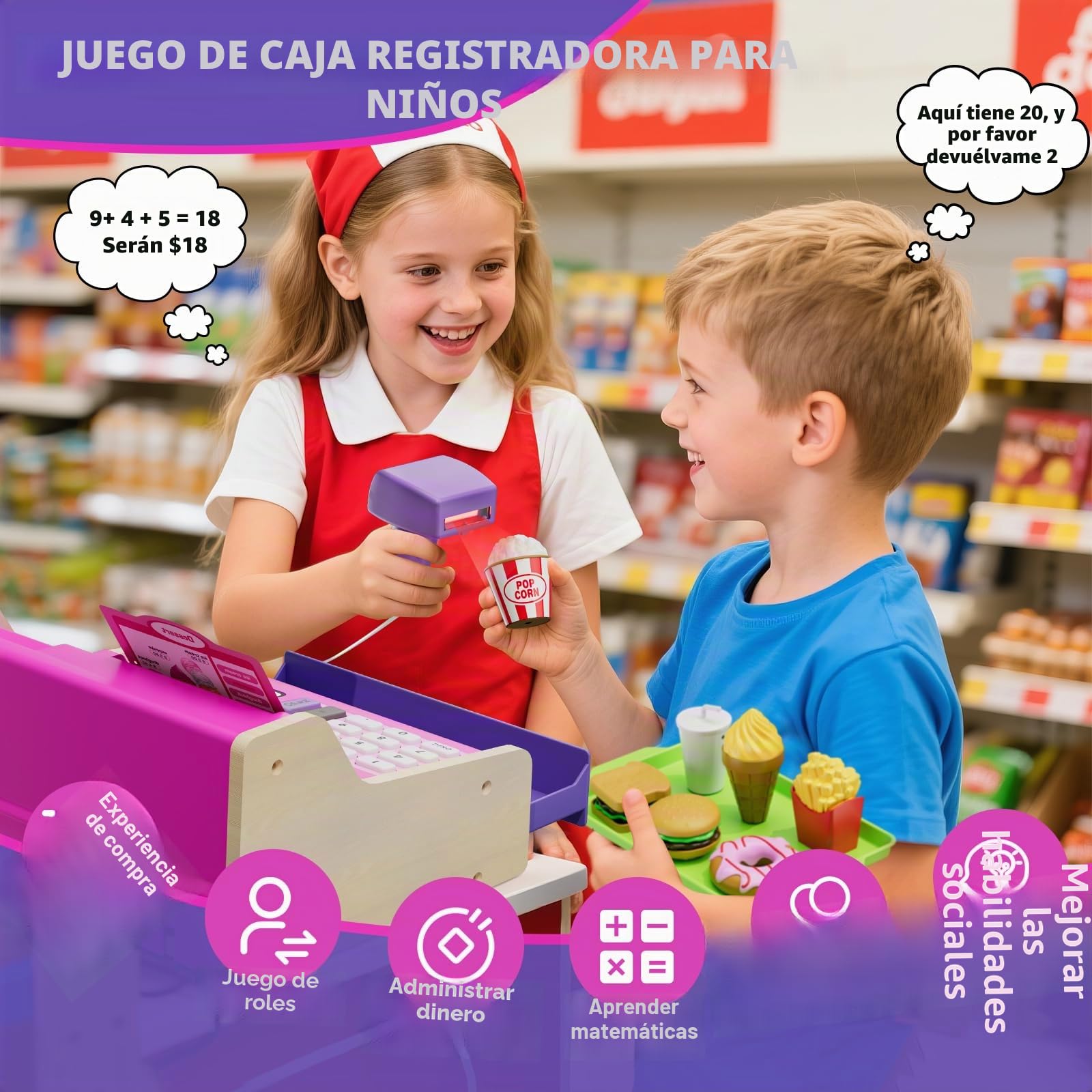 HYES Caja Registradora de Madera para Niños con Escáner y Sonido, Rosa