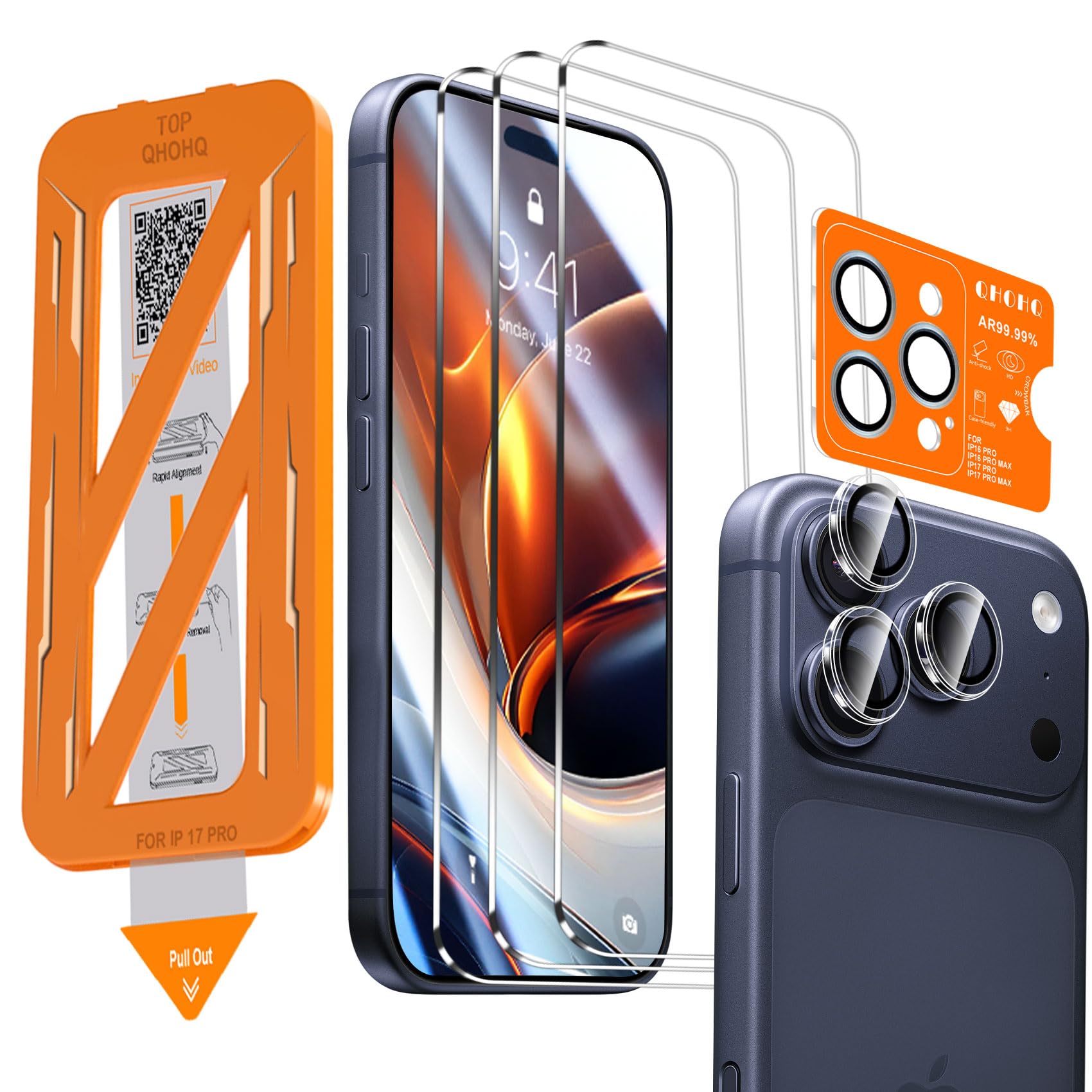QHOHQ 3 Pezzi Vetro Temperato per iPhone 17 Pro + 1 Set Pellicola Fotocamera, Top 9H+ Durezza Pellicola Protettiva, [12 Piedi Antiurto di Grado Militare], Auto-Install 1s, Cover Compatibile
