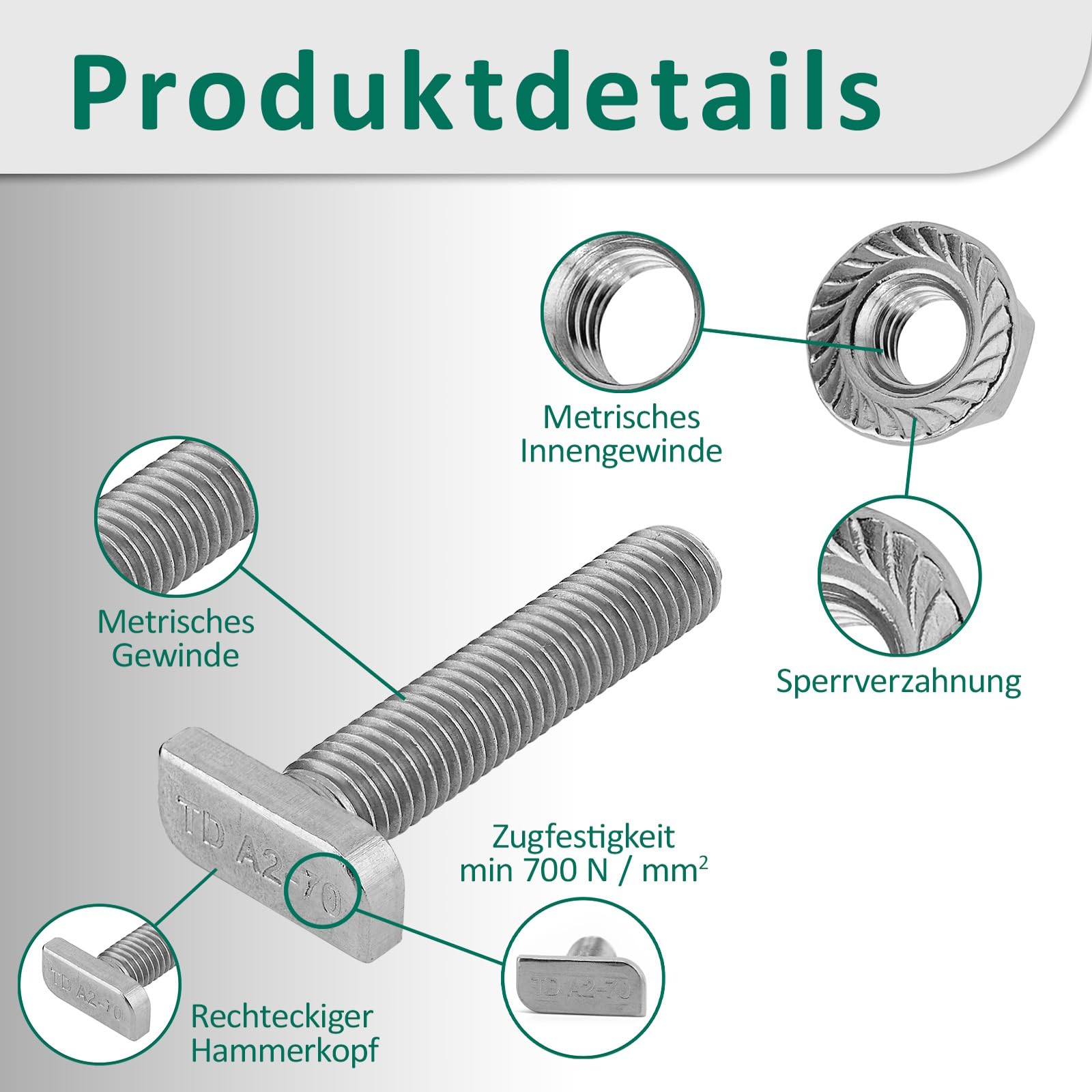 DSM – Tornillos de cabeza de martillo con tuerca de brida M10 x 50 mm – Tipo 28/15 – Acero inoxidable A2, resistente al óxido – Tuerca con dentado de bloqueo según DIN 6923 – Juego de montaje para