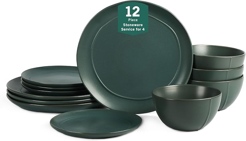 Infinity 12-Piece Dinnerware Set Stoneware, Plates and Bowls Set, Dishwasher and Microwave Safe, Dish Set for 4, Green