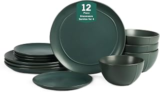 Infinity 12-Piece Dinnerware Set Stoneware, Plates and Bowls Set, Dishwasher and Microwave Safe, Dish Set for 4, Green