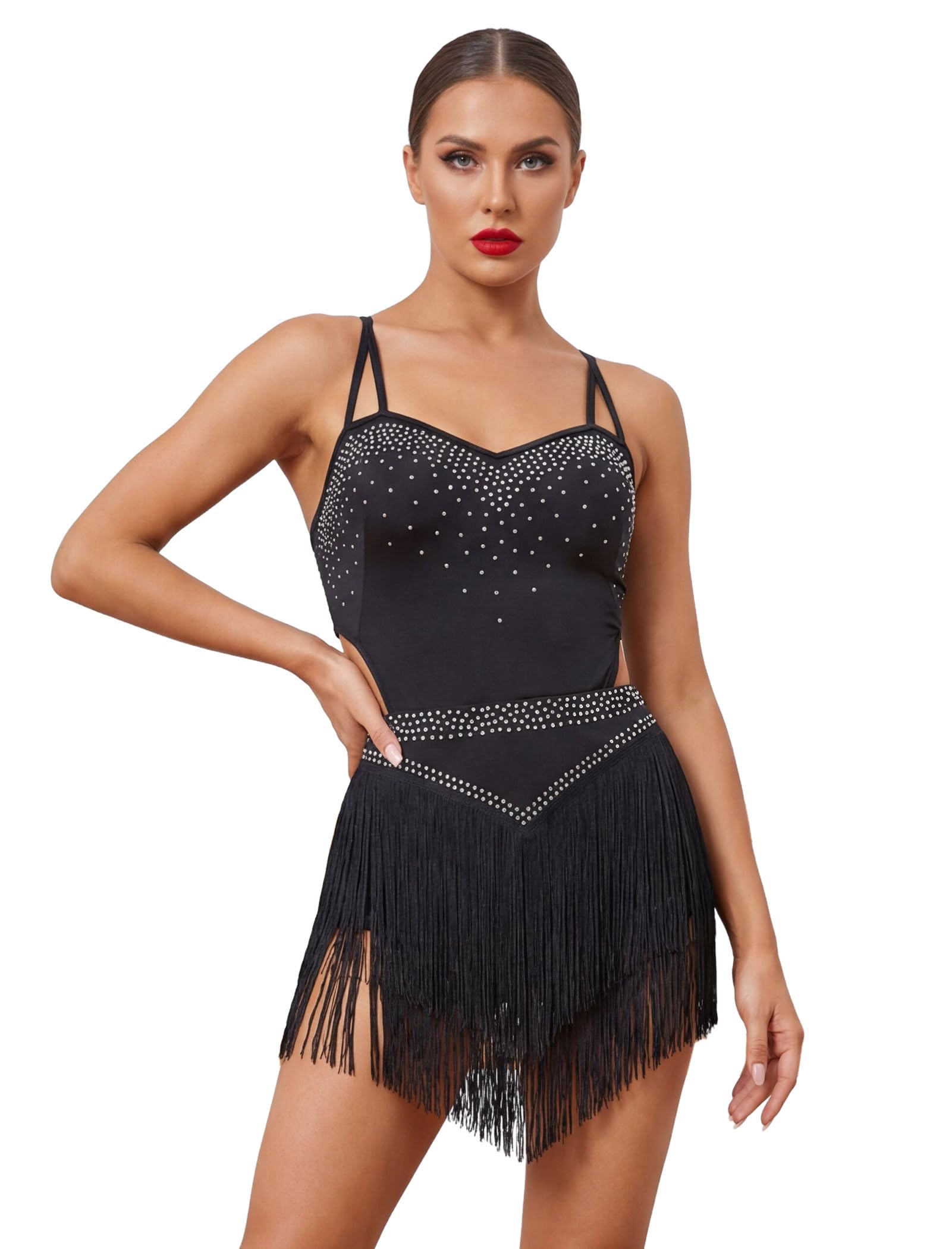 IWEMEK Damen-Body mit Strasssteinen, glitzernd, lateinamerikanischer Jazz-Tanz-Kostüm, Neckholder, Quaste, Fransen-Strampler, Akrobat-Trapez-Outfits